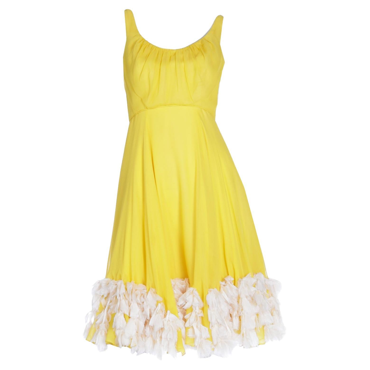 1960s Yellow Silk Chiffon Summer Vintage Dress With Silk Faux Feathers For Sale