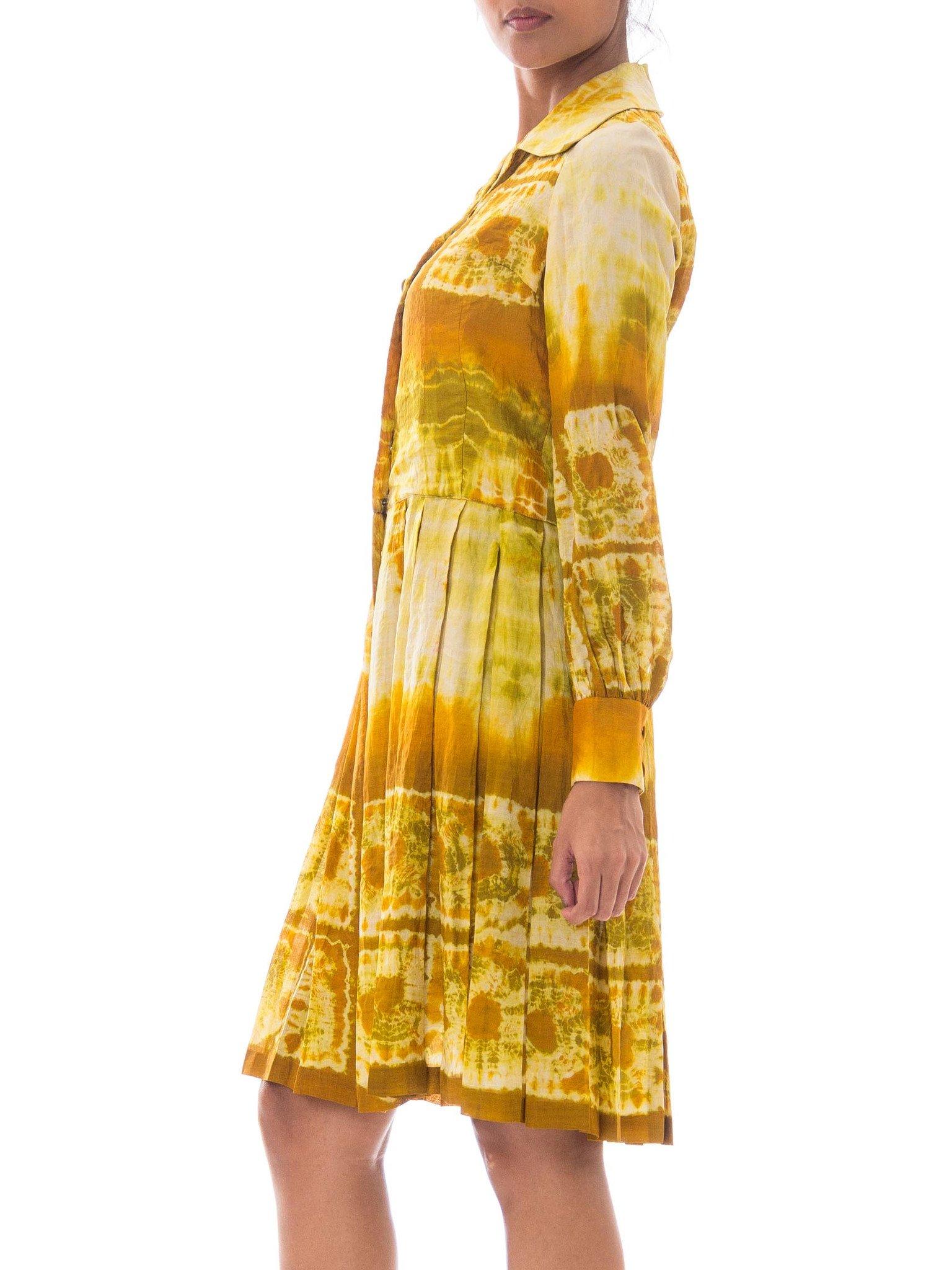 Women's 1960S Yellow Silk Tie-Dye Long Sleeve Mod Shirt Dress For Sale
