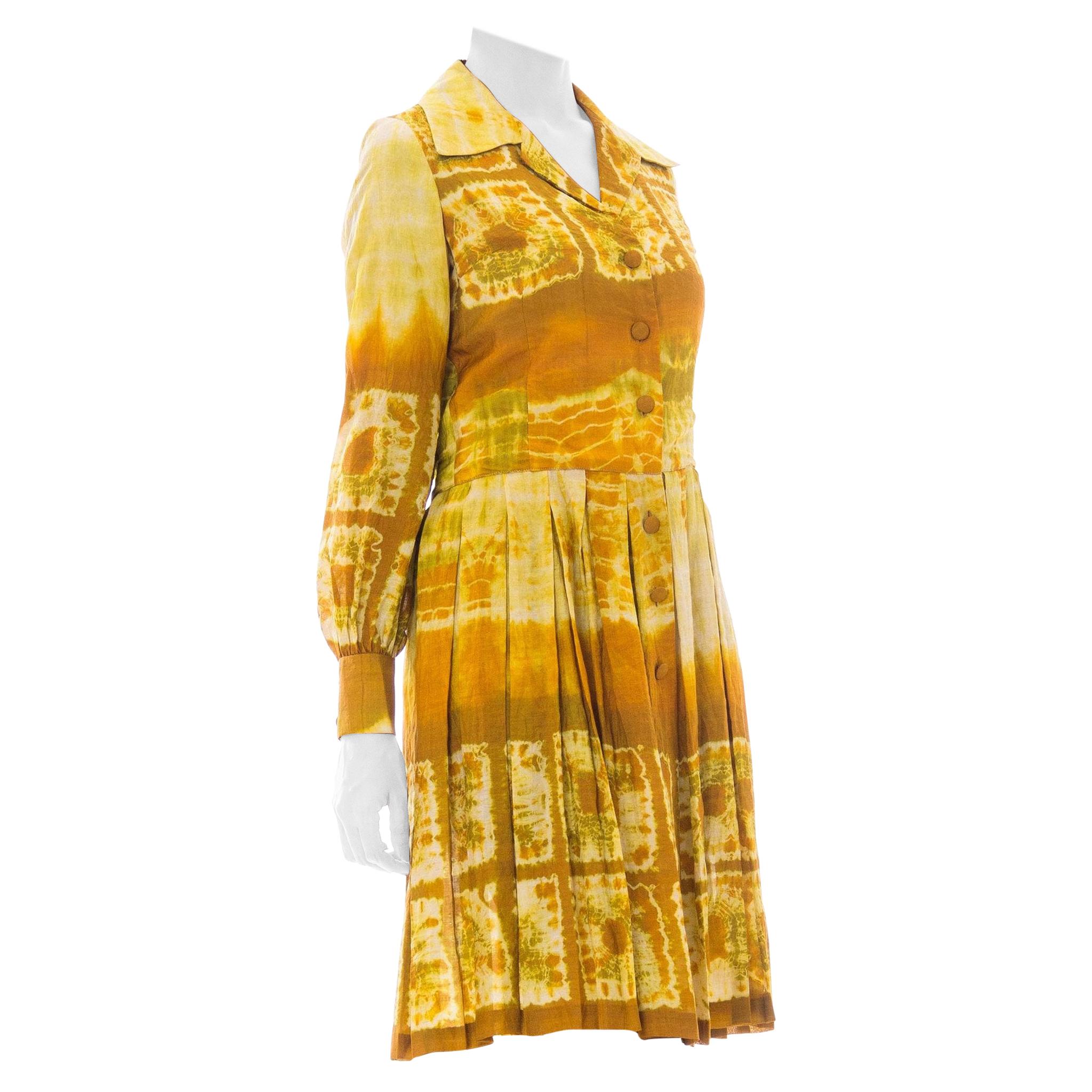 1960S Yellow Silk Tie-Dye Long Sleeve Mod Shirt Dress For Sale