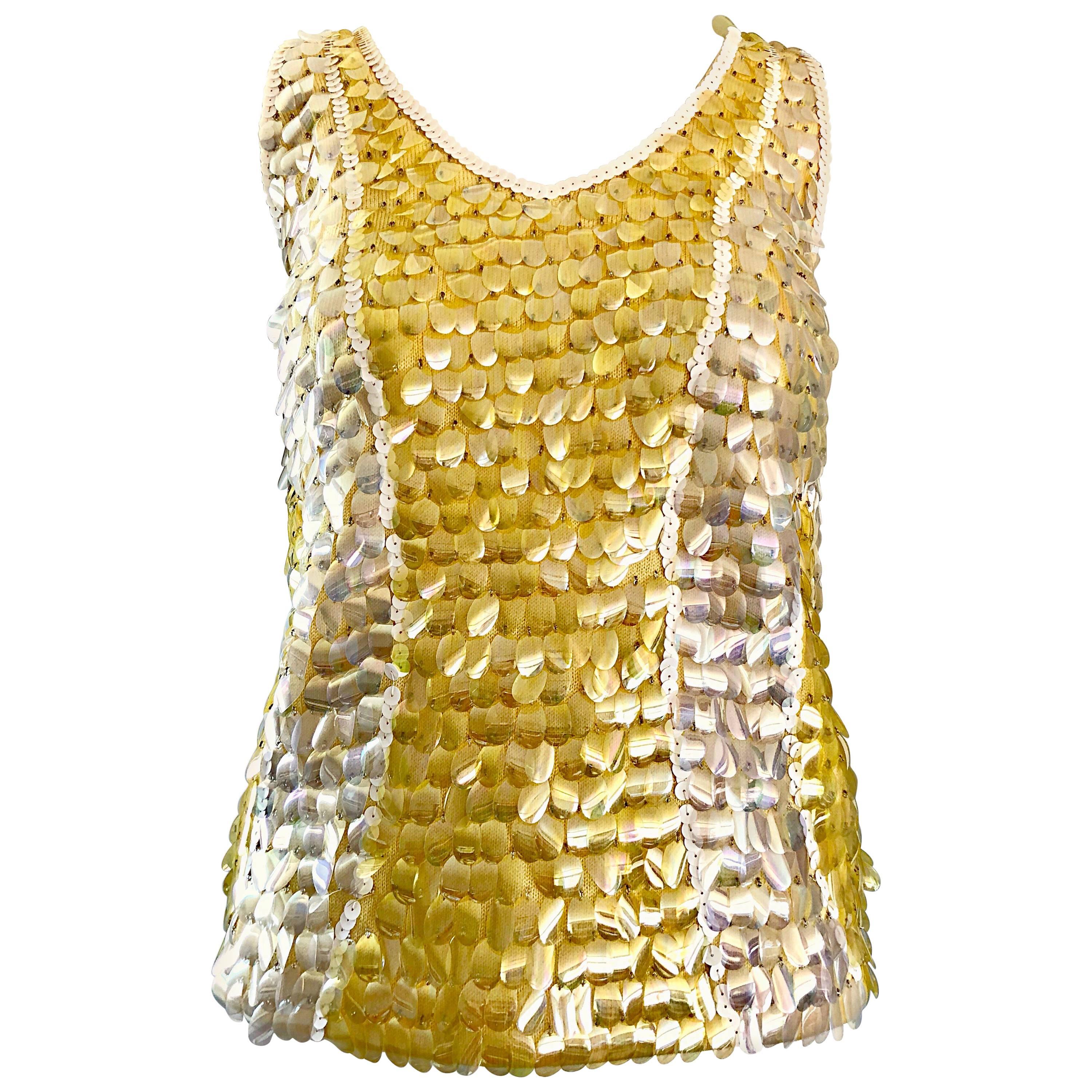 1960s Amarillo + Blanco + Transparente Paillettes Lentejuelas Lana de Cordero Sin Mangas Top 60s
