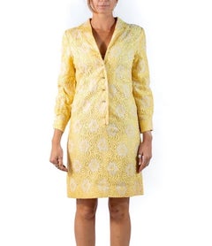1960S Yellow & White Cotton Lace Shirt Dress