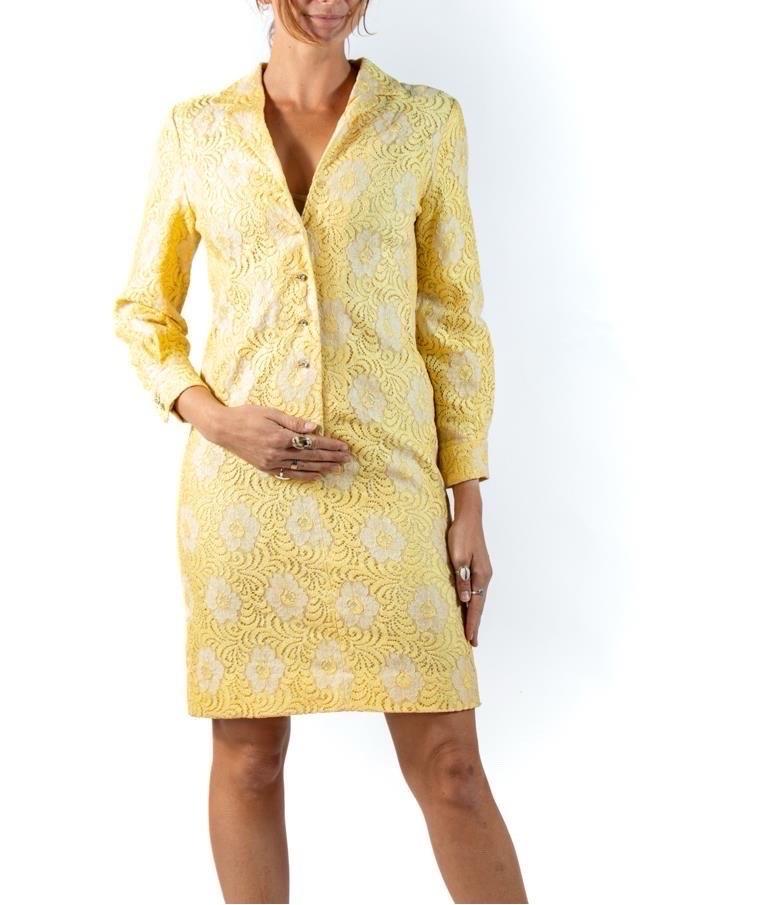 1960S Yellow & White Cotton Lace Shirt Dress For Sale 1