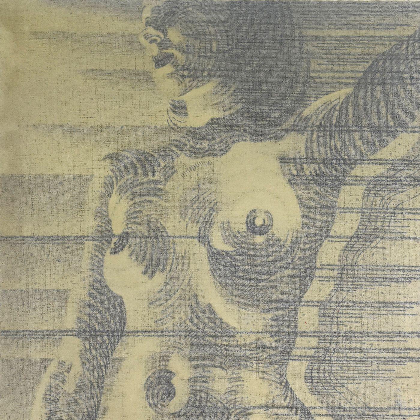 Kohle und Rötel auf französischem Schulstoff Martinez 60er Jahre (209x186 cm), der die Silhouette einer Frau darstellt.