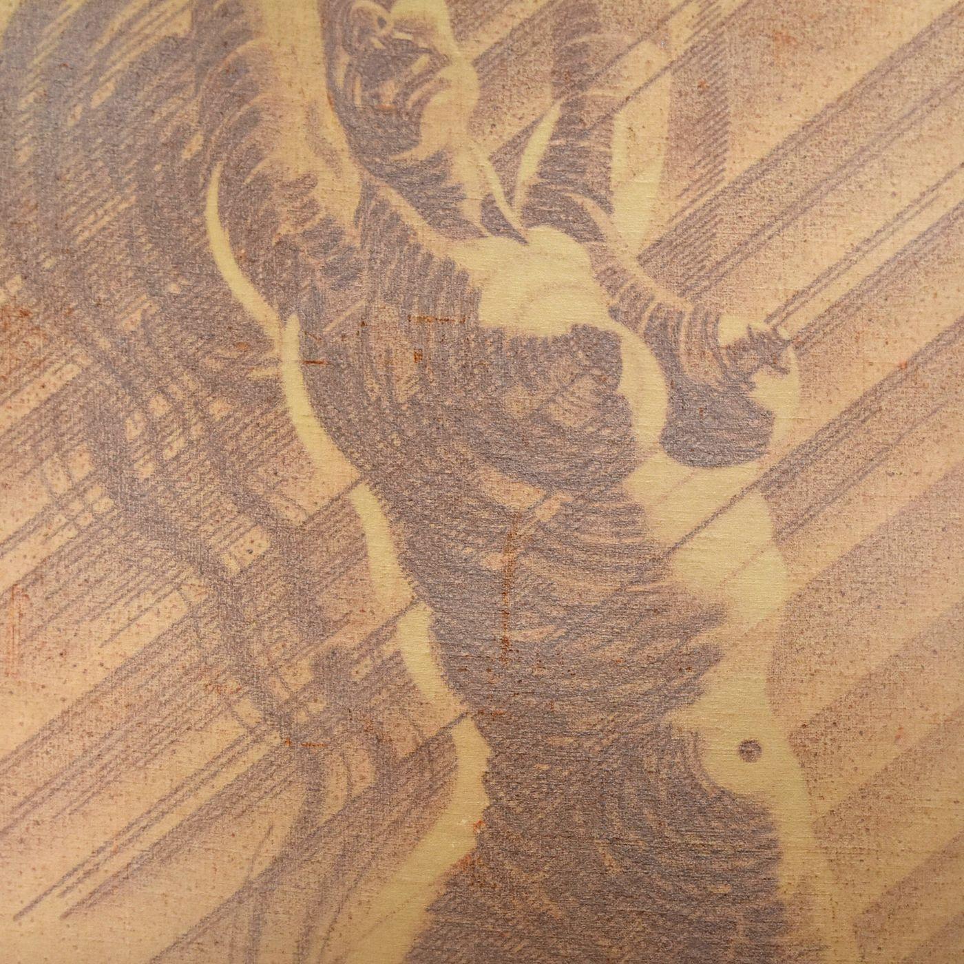 Kohle und Rötel auf französischem Schulstoff Martinez 60er Jahre (124x122 cm), der die Silhouette einer Frau darstellt.
