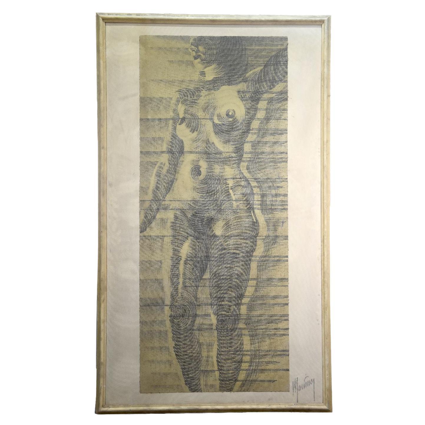 1960's Young Woman French School Drawing Signed Martinez 