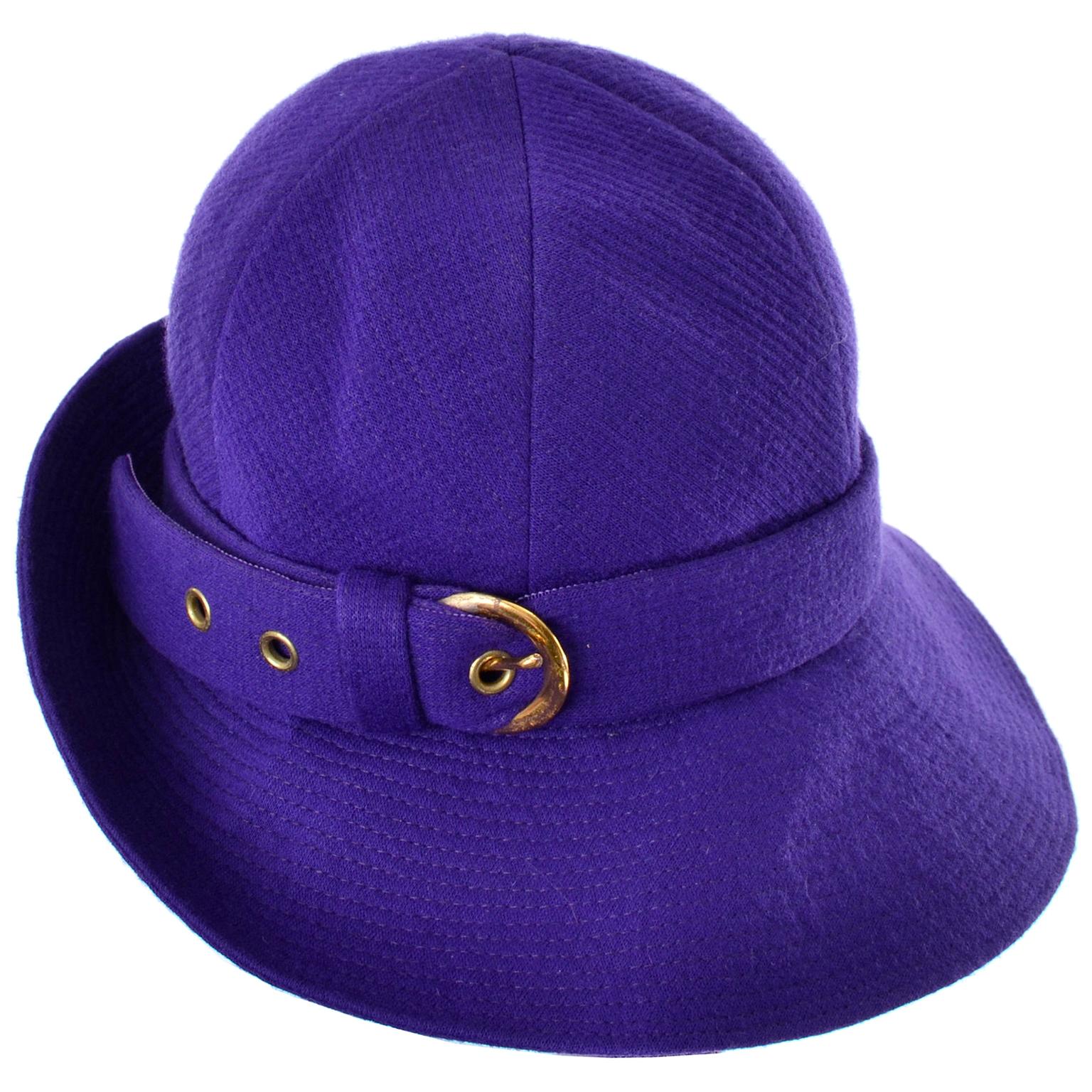 1960s YSL Vintage Purple Wool Hat W Buckle Designed by Yves Saint Laurent 22"