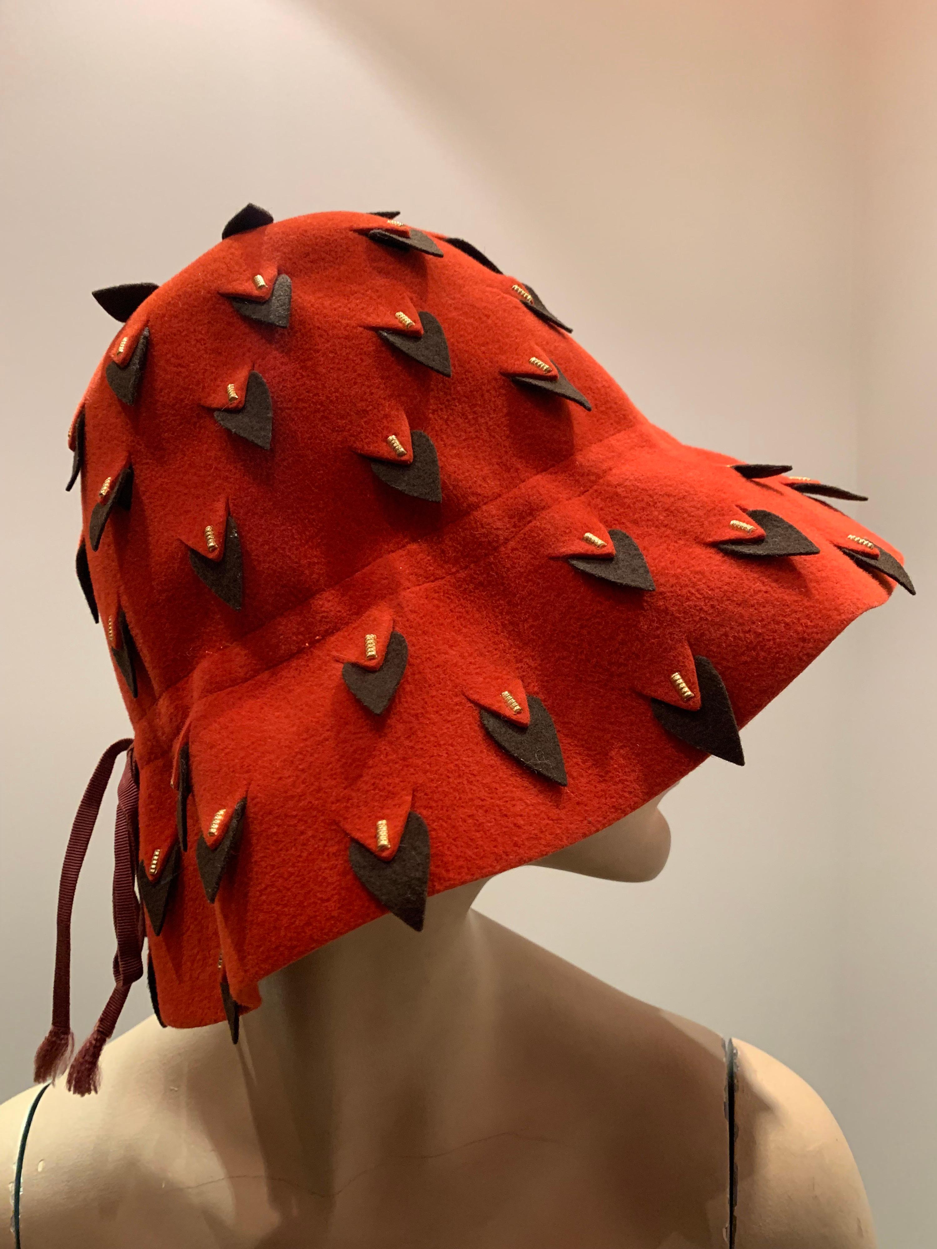 1960s Yves Saint Laurent Cinnabar Felt Bucket Hat W/ Pierced Embellishment In Excellent Condition In Gresham, OR
