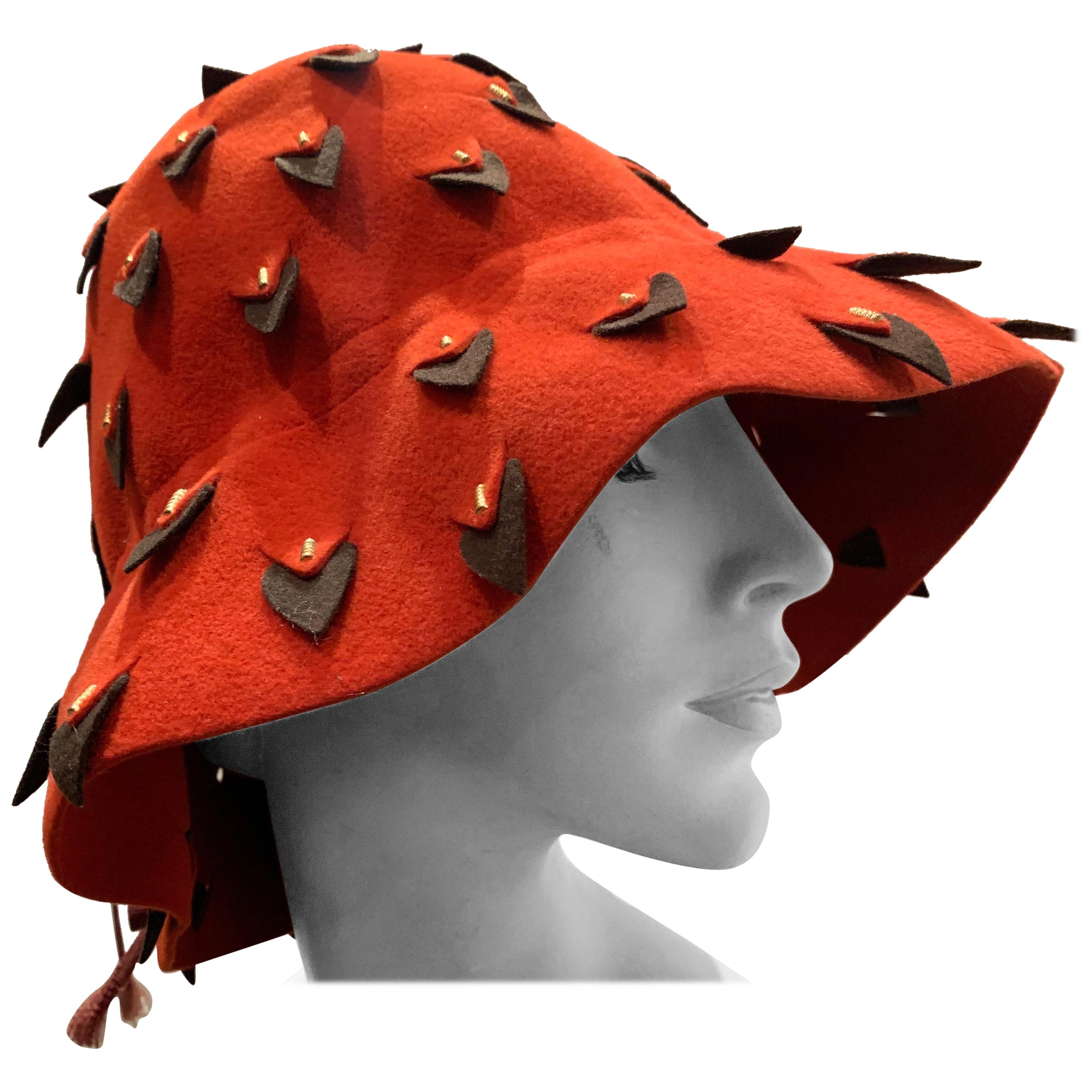 1960s Yves Saint Laurent Cinnabar Felt Bucket Hat W/ Pierced Embellishment