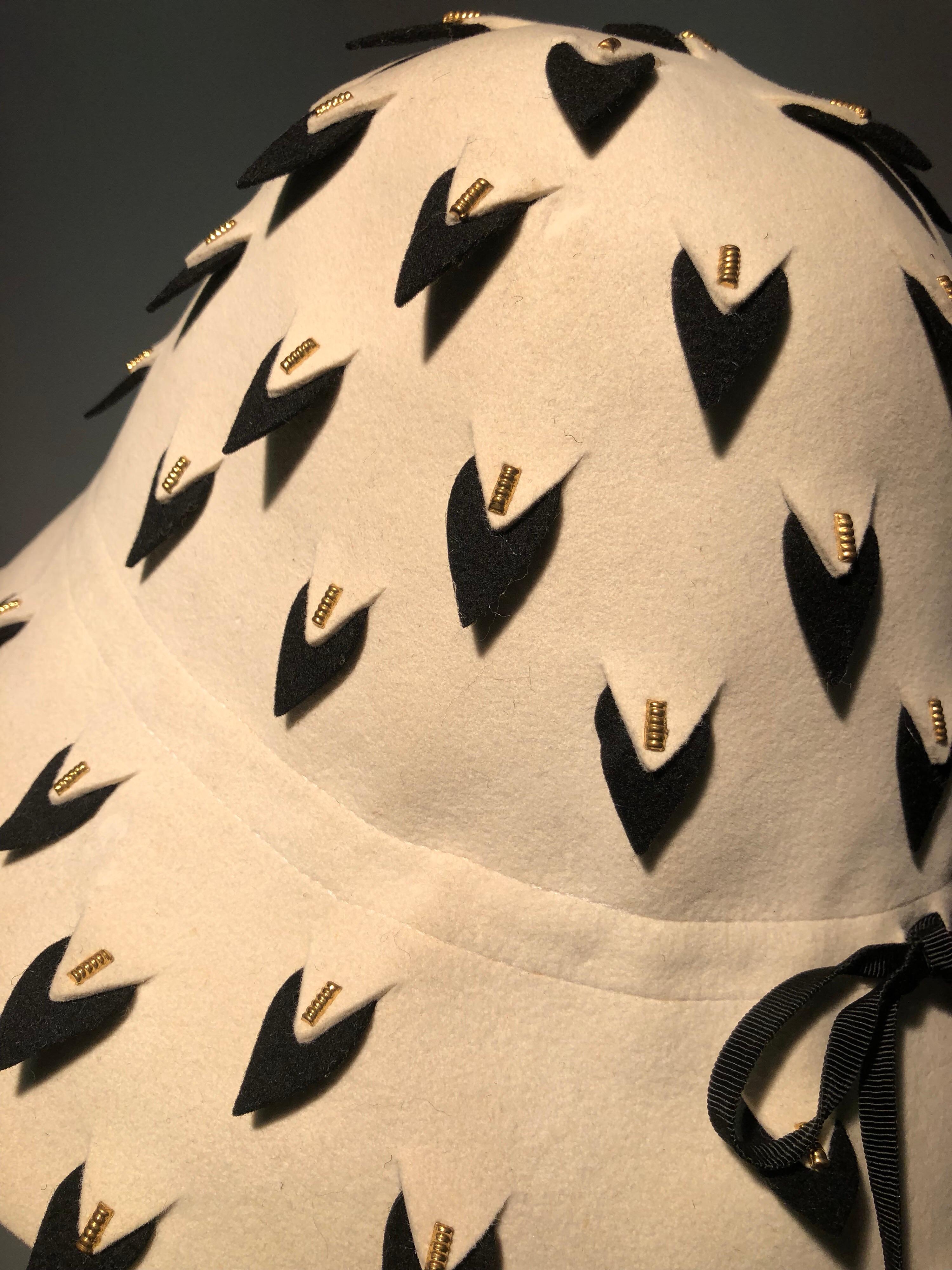 1960s Yves Saint Laurent Eggshell Felt Bucket Hat W/ Pierced Embellishment 2