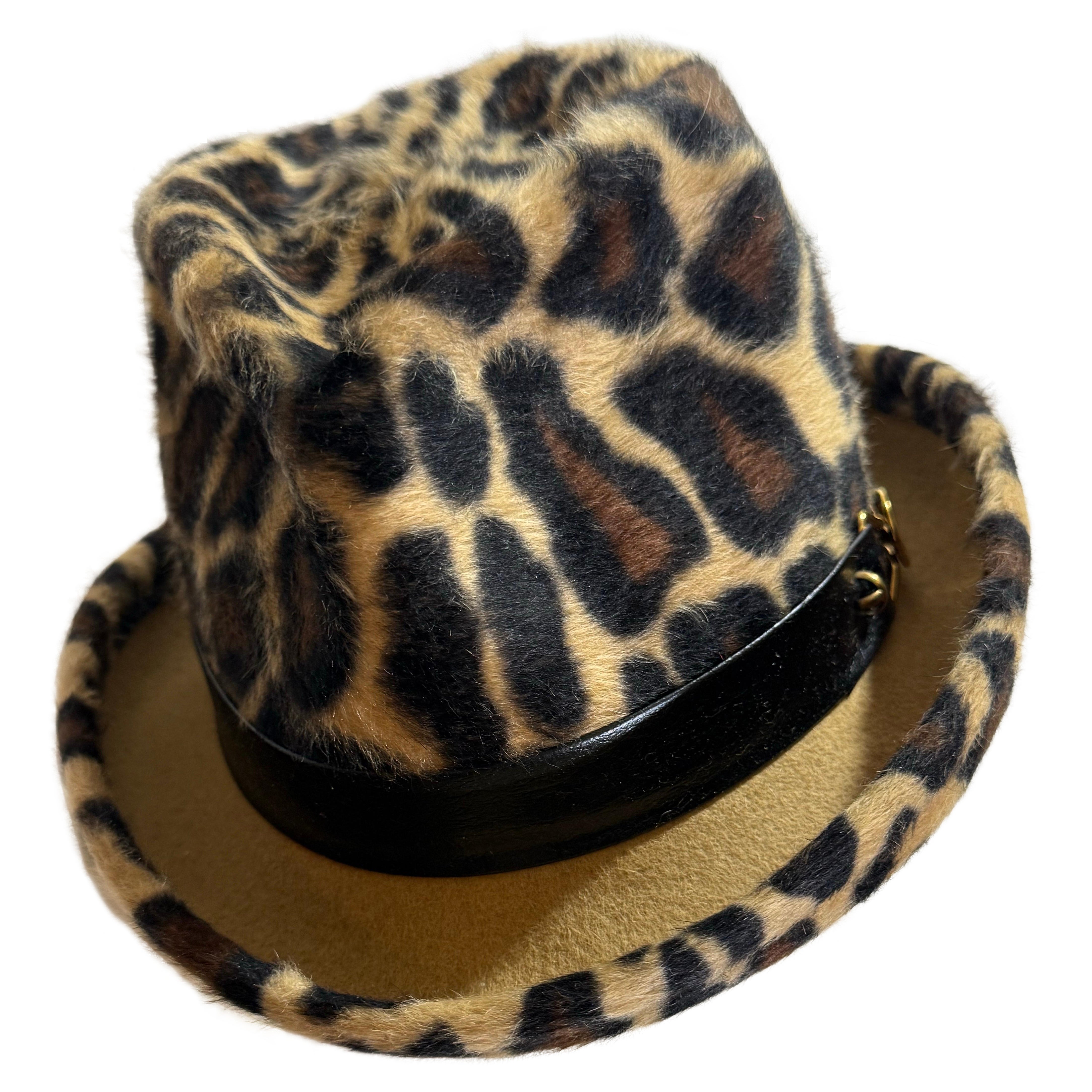 1960s Yves Saint Laurent Leopard Print Felt Stingy-Brim Fedora w Leather Band