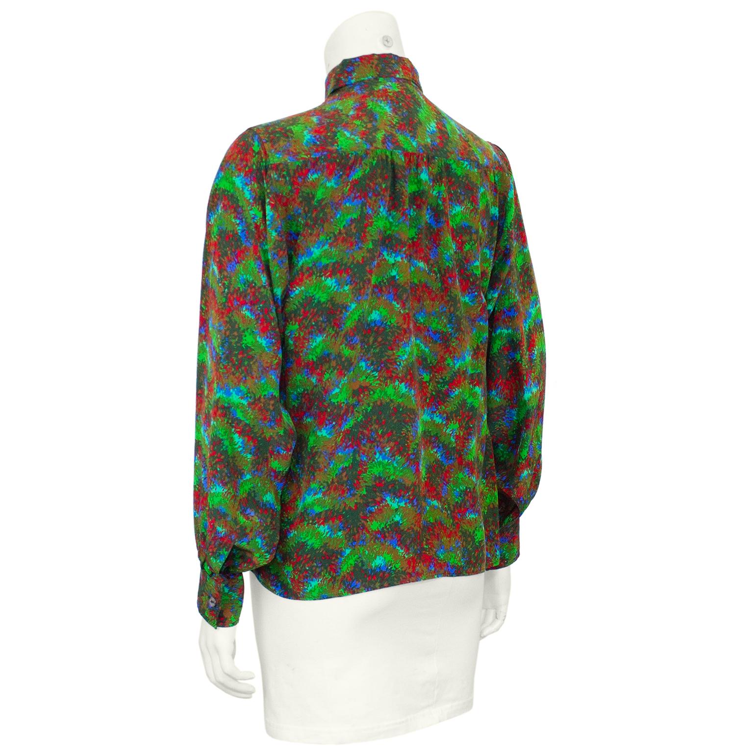 1980s Yves Saint Laurent Rive Gauche Green Silk Printed Blouse  In Good Condition For Sale In Toronto, Ontario