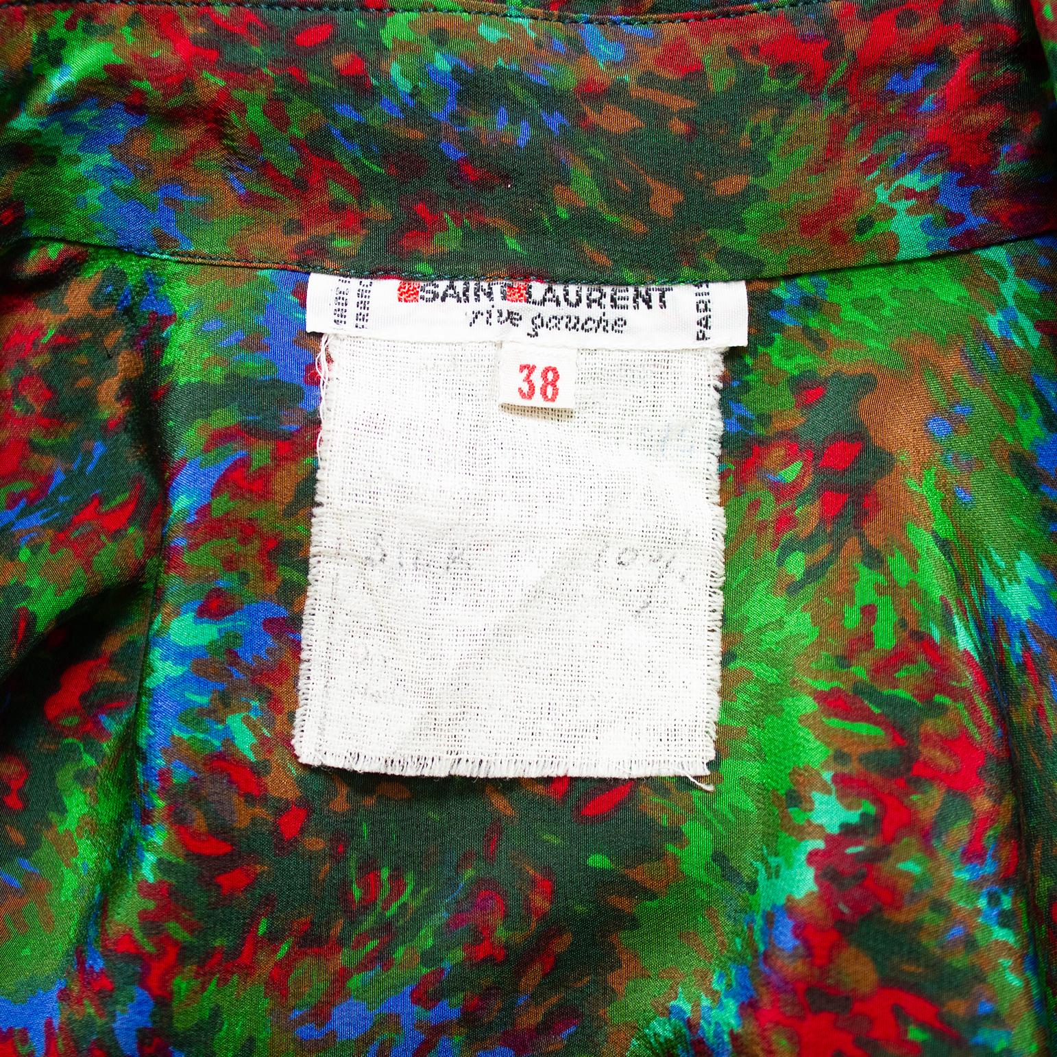 1980s Yves Saint Laurent Rive Gauche Green Silk Printed Blouse  For Sale 1