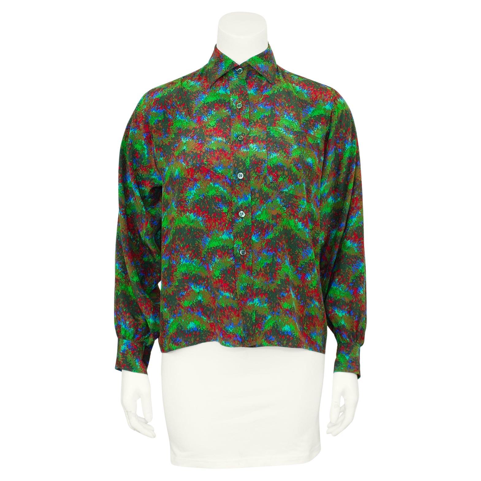 1980s Yves Saint Laurent Rive Gauche Green Silk Printed Blouse  For Sale