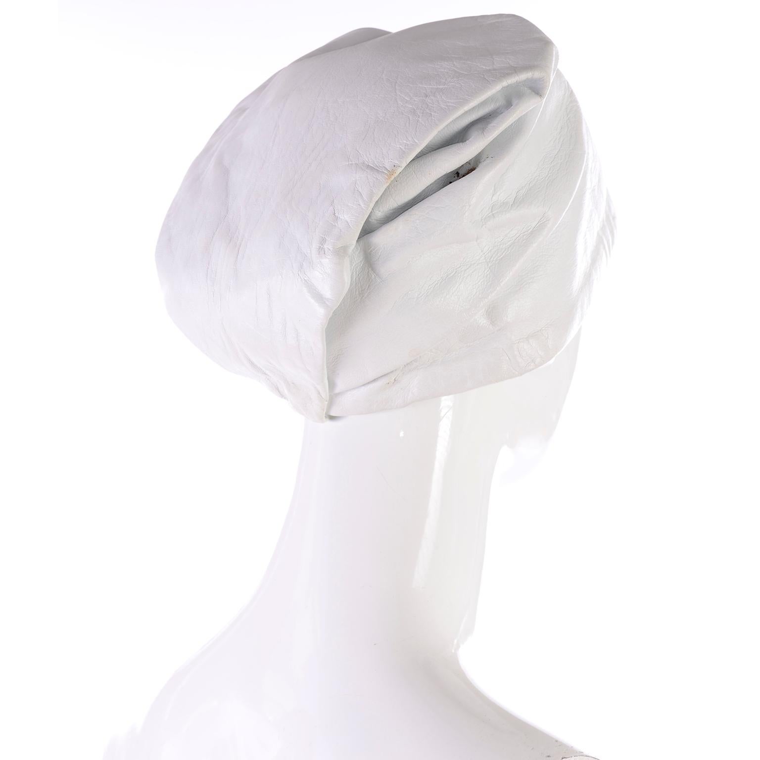 Gray 1960s Yves Saint Laurent White Leather Folded Turban Style Hat