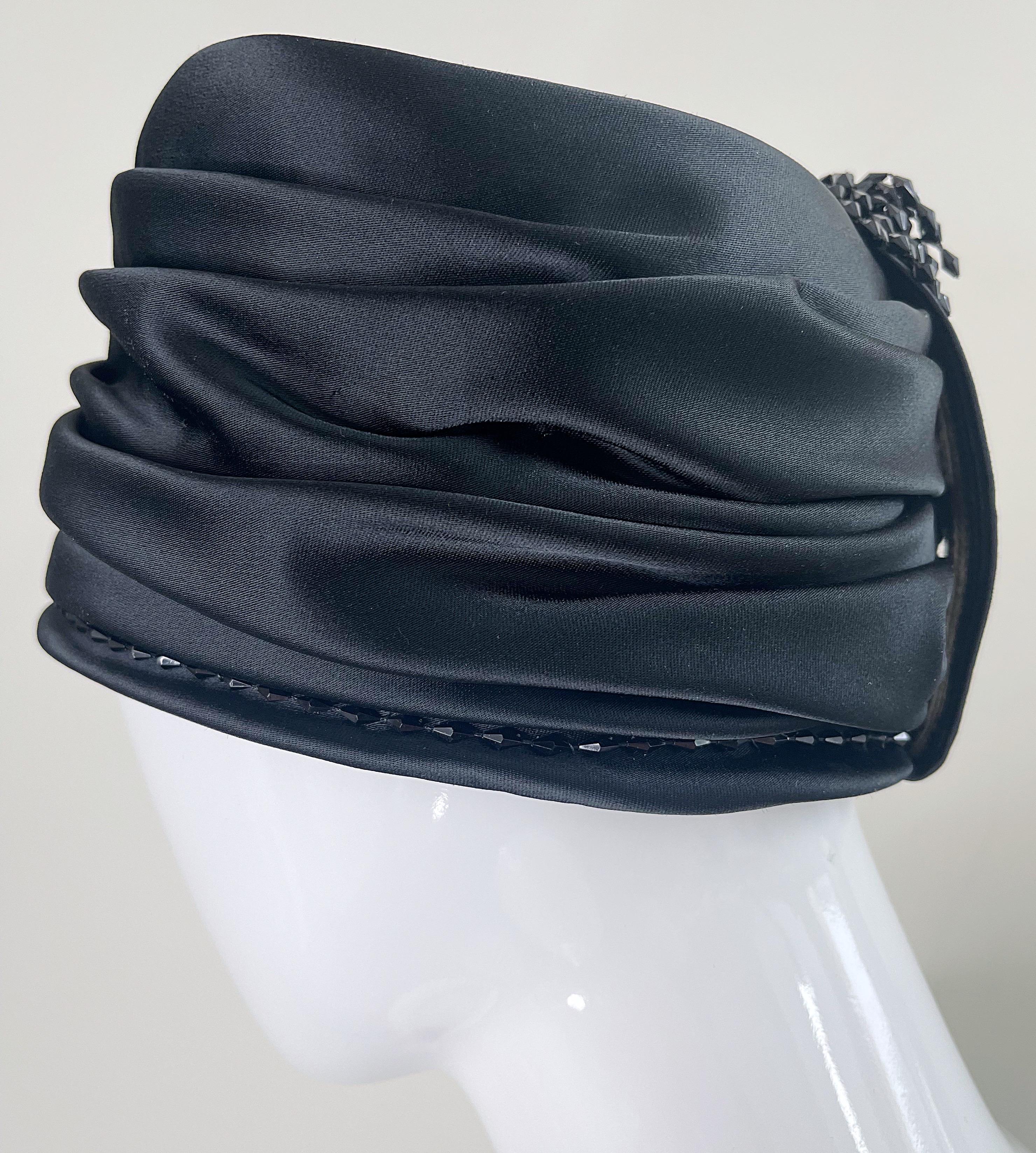 1960s Yves Saint Laurent YSL Black Silk Satin Beaded Vintage 60s Turban Hat For Sale 5