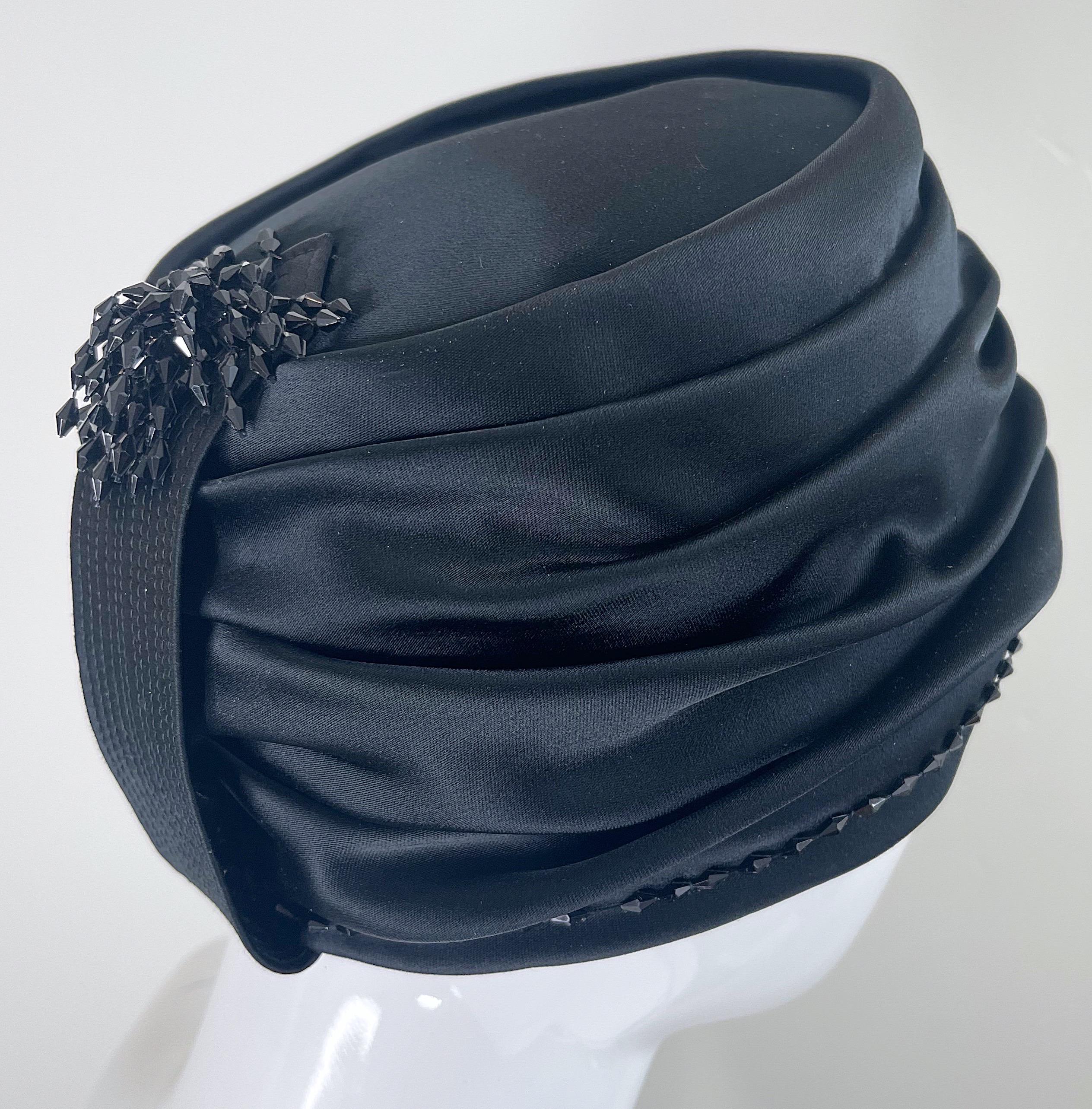 1960s Yves Saint Laurent YSL Black Silk Satin Beaded Vintage 60s Turban Hat For Sale 6