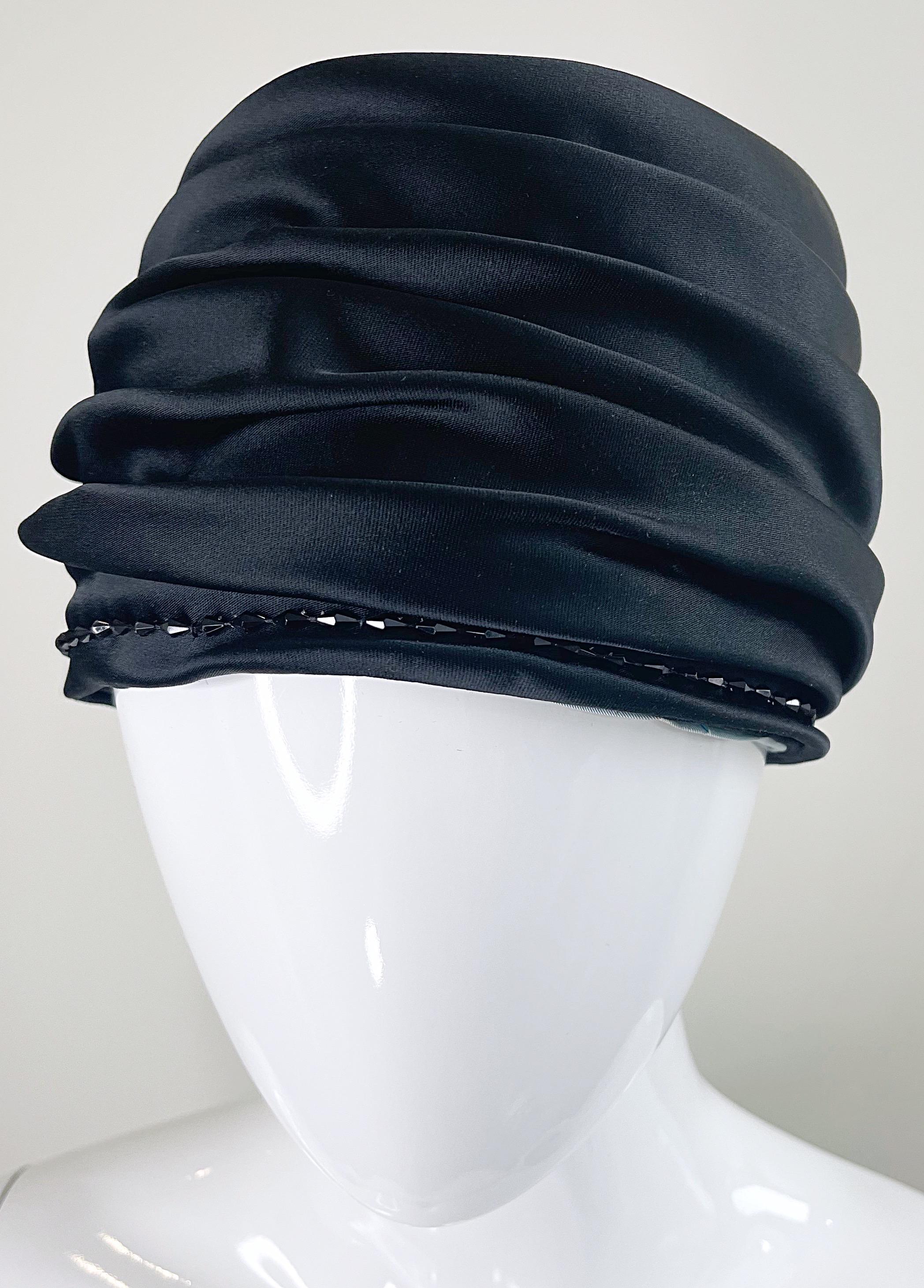 1960s Yves Saint Laurent YSL Black Silk Satin Beaded Vintage 60s Turban Hat For Sale 7