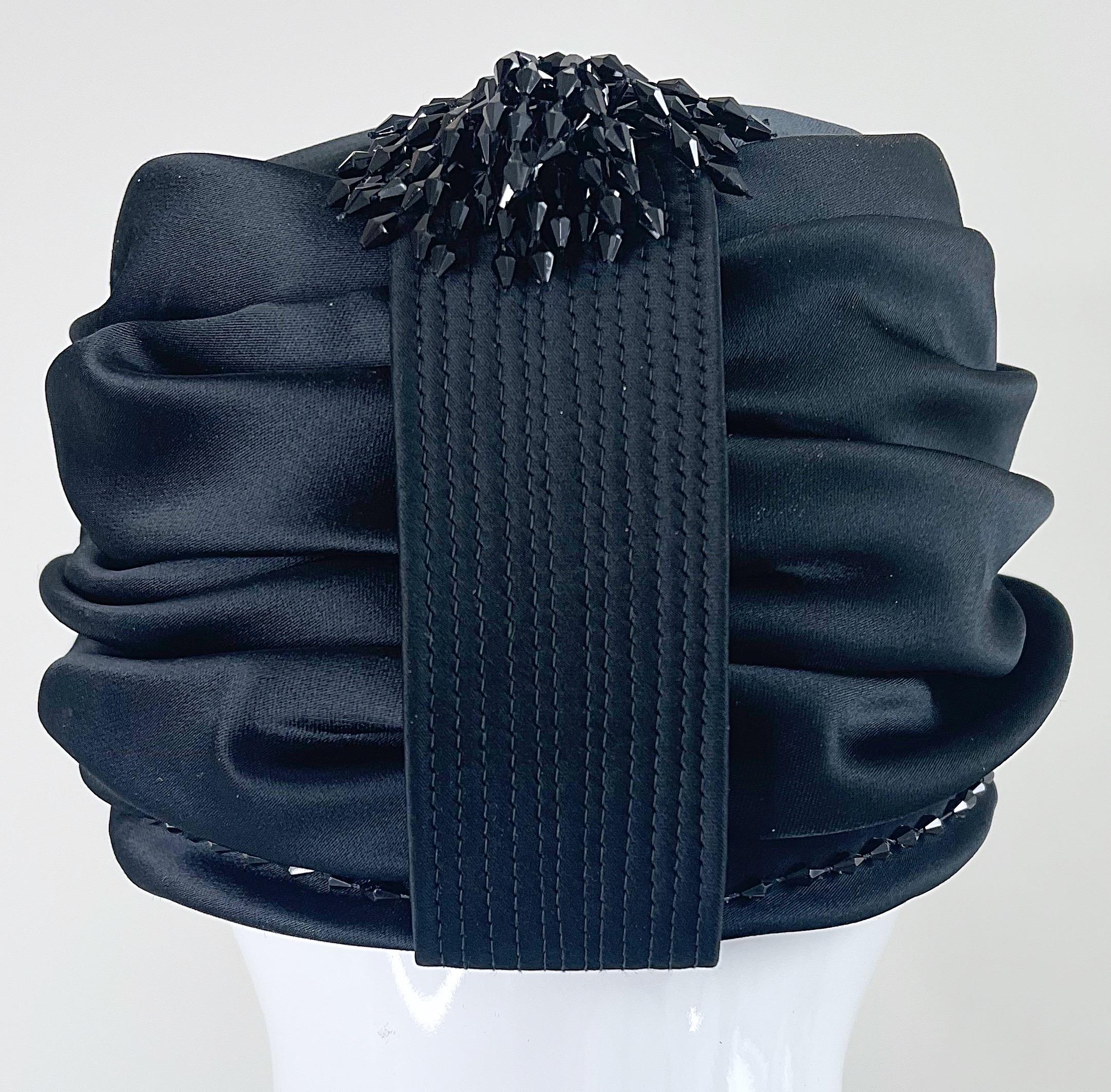 1960s Yves Saint Laurent YSL Black Silk Satin Beaded Vintage 60s Turban Hat For Sale 8