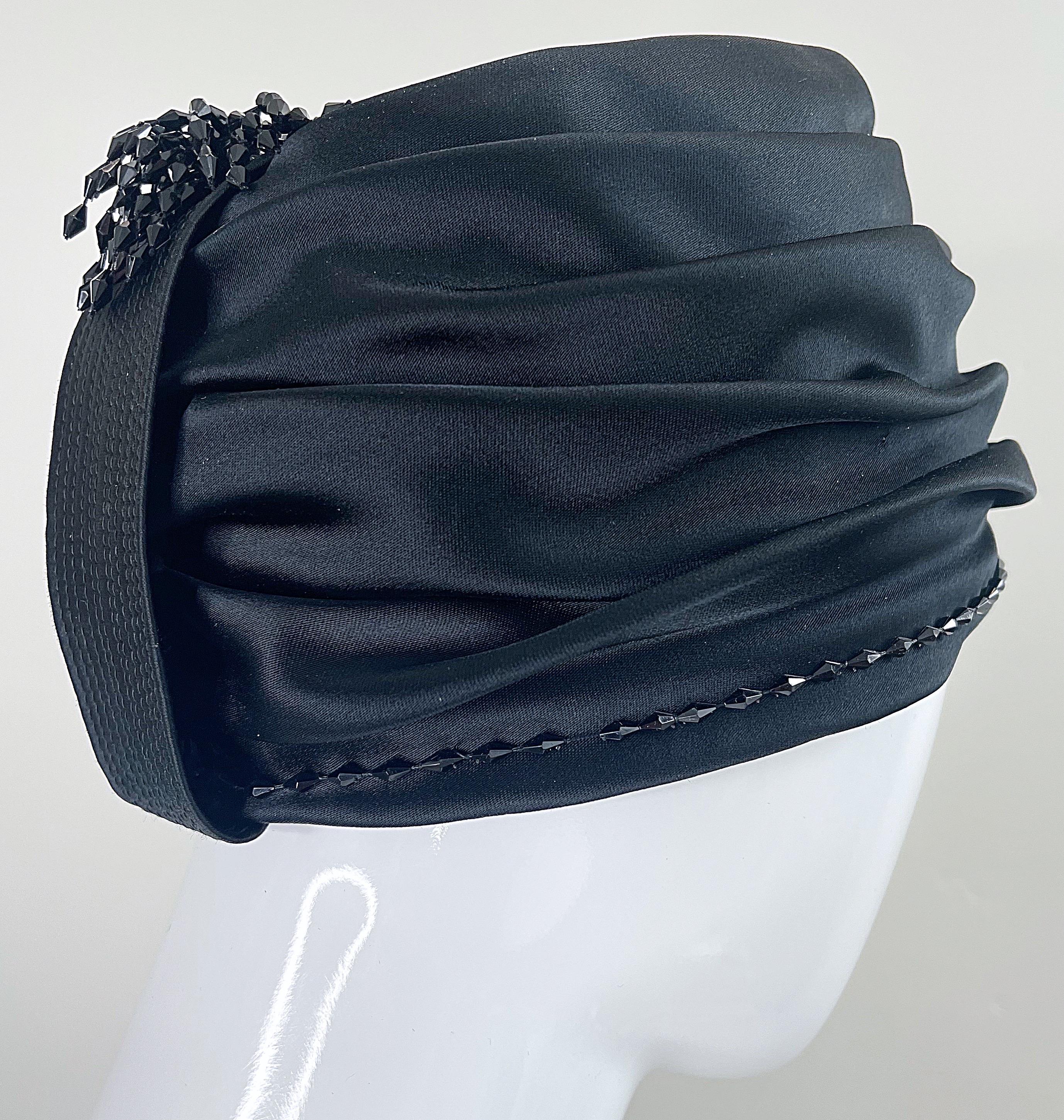 1960s Yves Saint Laurent YSL Black Silk Satin Beaded Vintage 60s Turban Hat For Sale 9