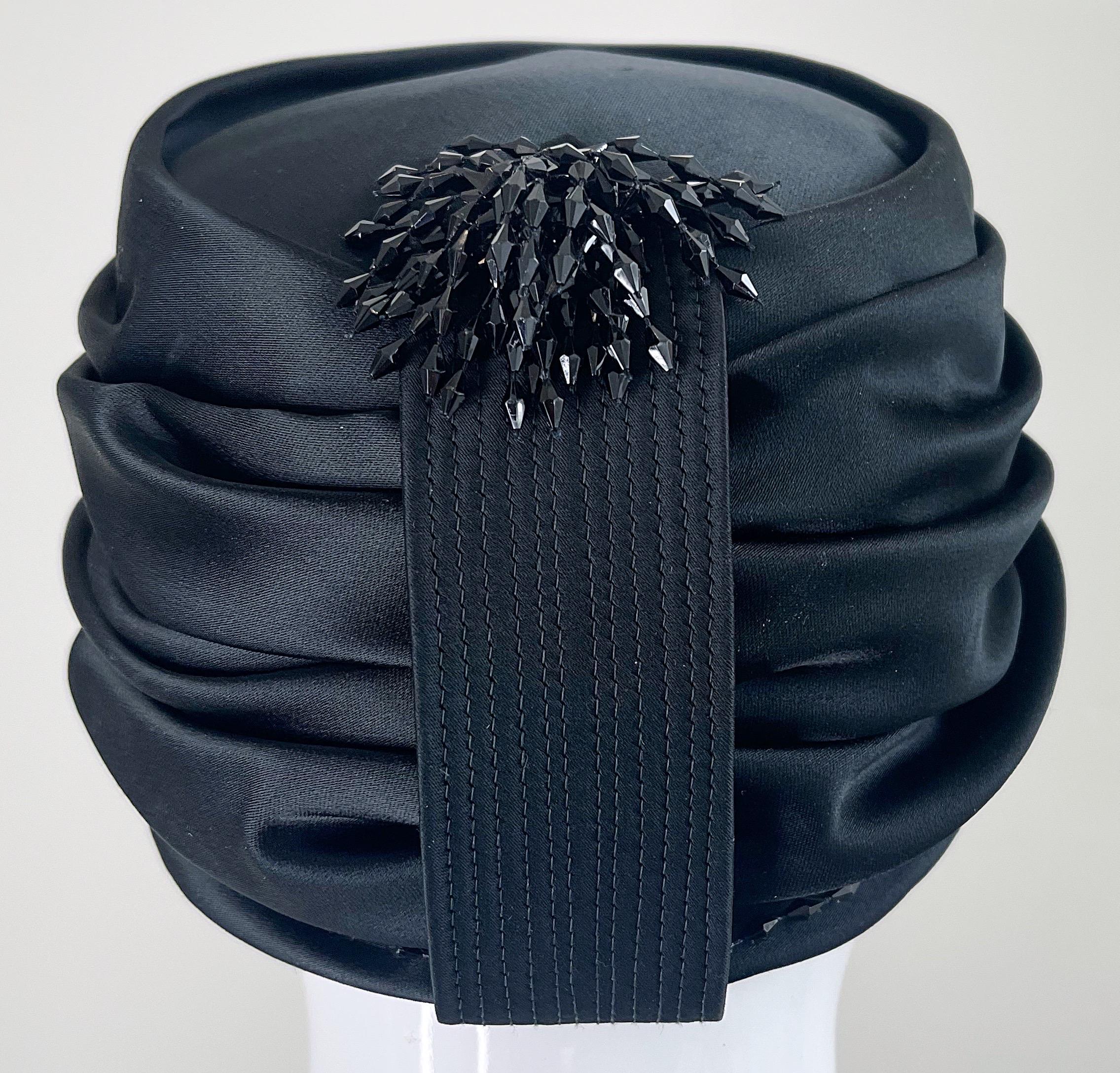 1960s Yves Saint Laurent YSL Black Silk Satin Beaded Vintage 60s Turban Hat In Excellent Condition For Sale In San Diego, CA