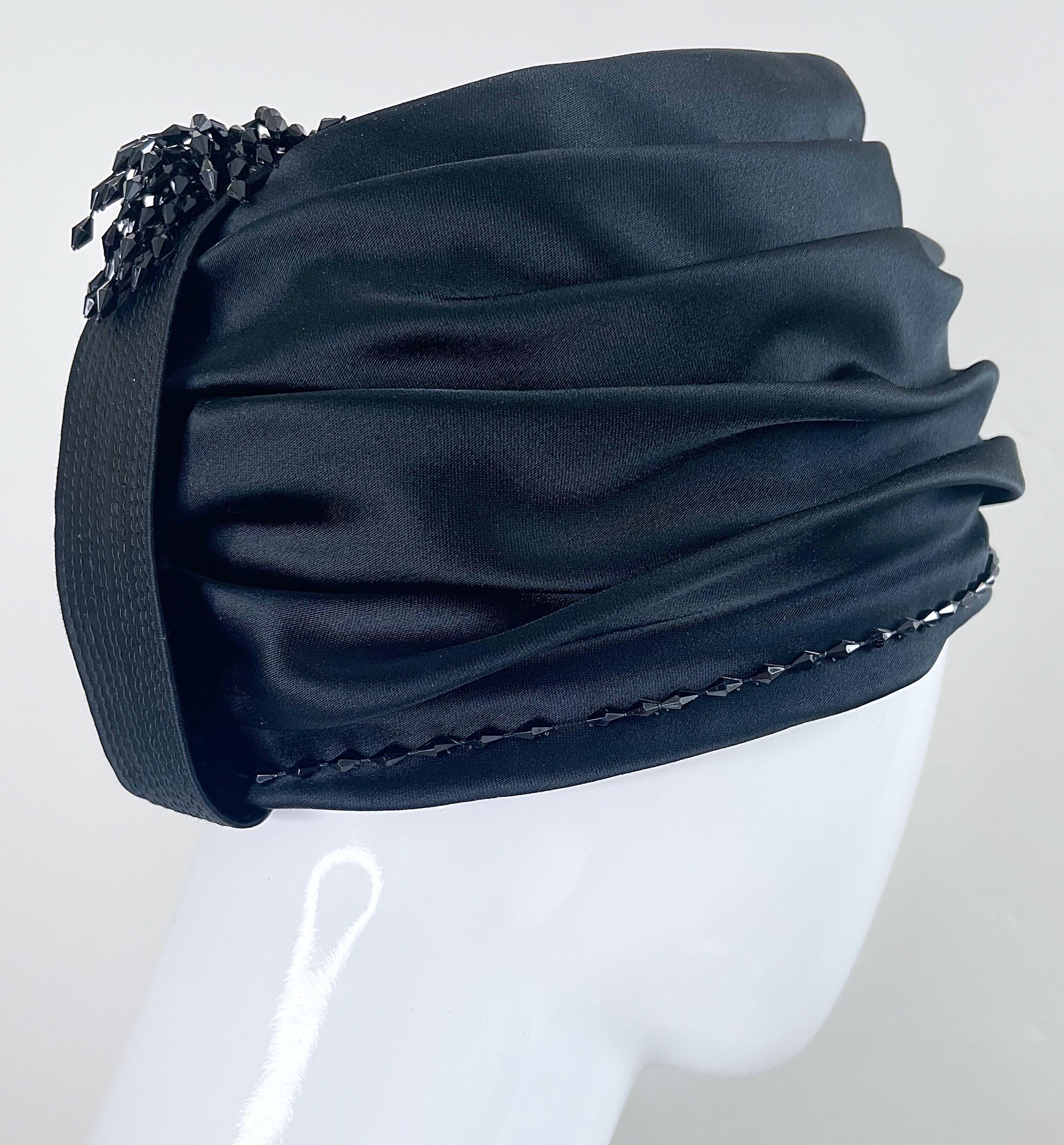 Women's 1960s Yves Saint Laurent YSL Black Silk Satin Beaded Vintage 60s Turban Hat For Sale