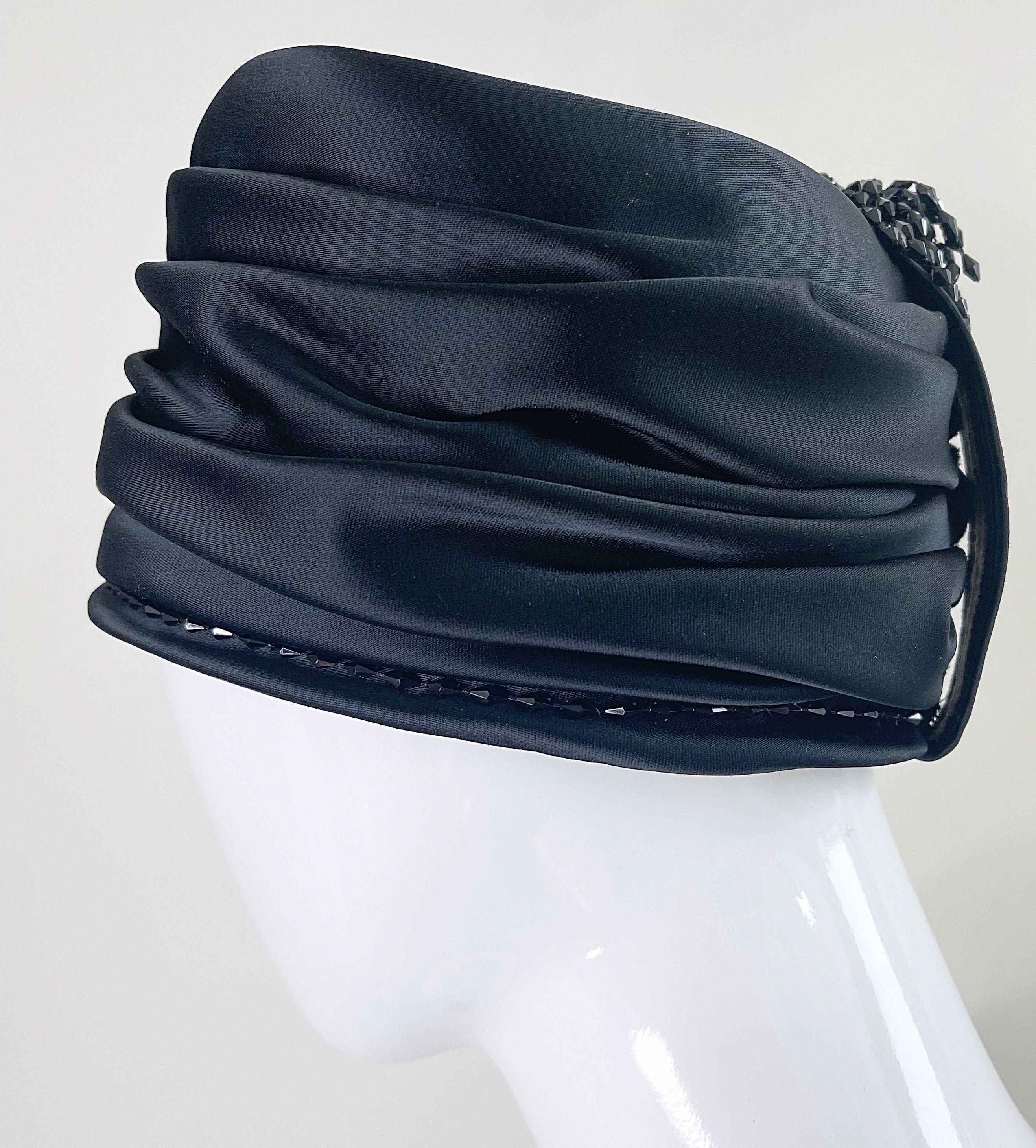 1960s Yves Saint Laurent YSL Black Silk Satin Beaded Vintage 60s Turban Hat For Sale 1