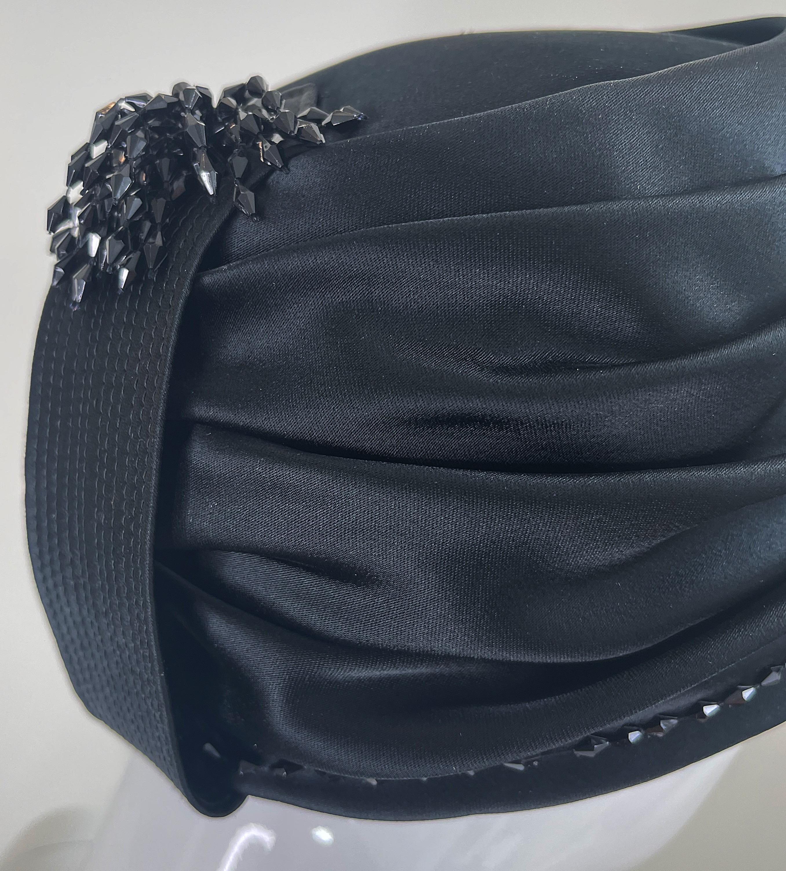 1960s Yves Saint Laurent YSL Black Silk Satin Beaded Vintage 60s Turban Hat For Sale 2