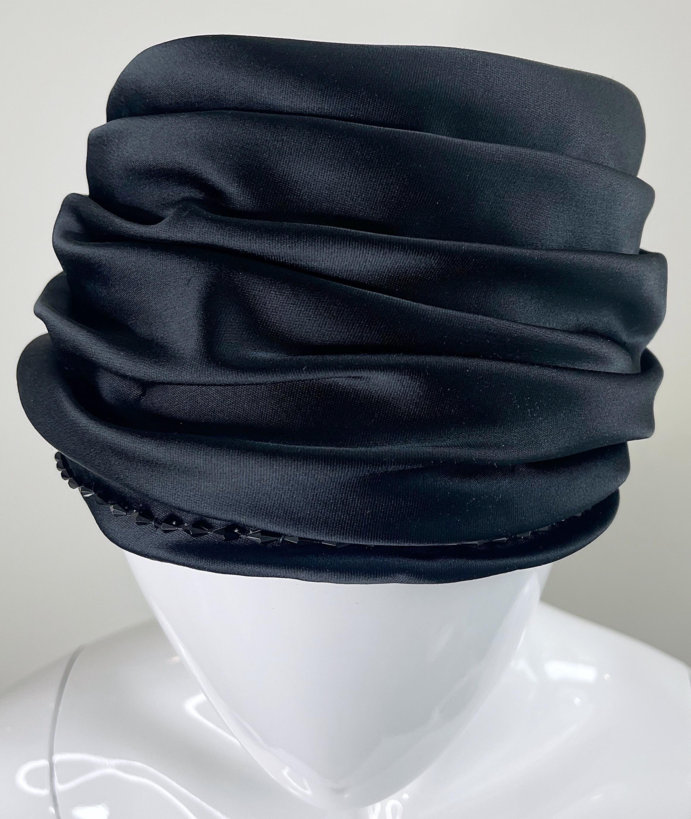 1960s Yves Saint Laurent YSL Black Silk Satin Beaded Vintage 60s Turban Hat For Sale 3