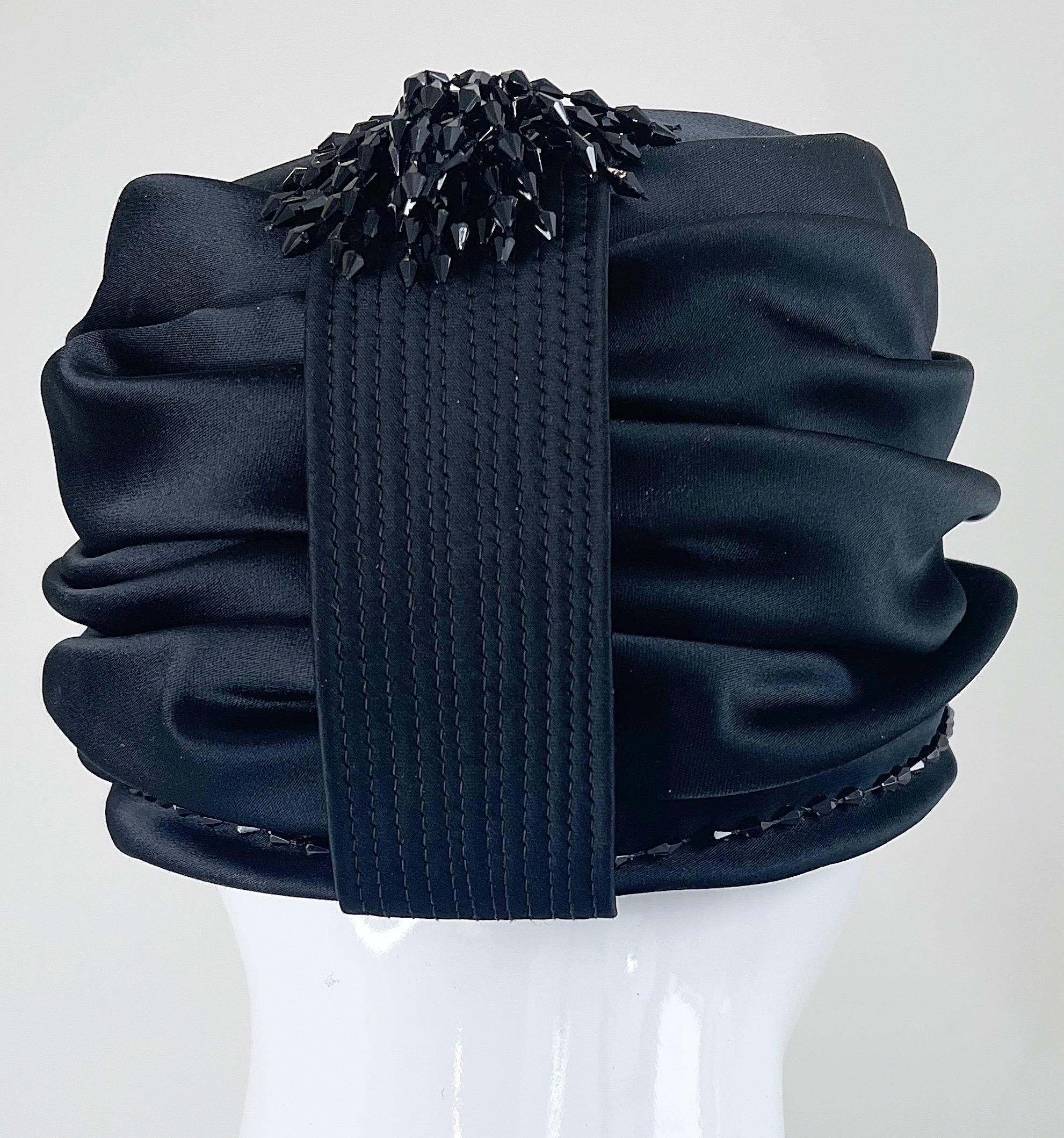 1960s Yves Saint Laurent YSL Black Silk Satin Beaded Vintage 60s Turban Hat For Sale 4