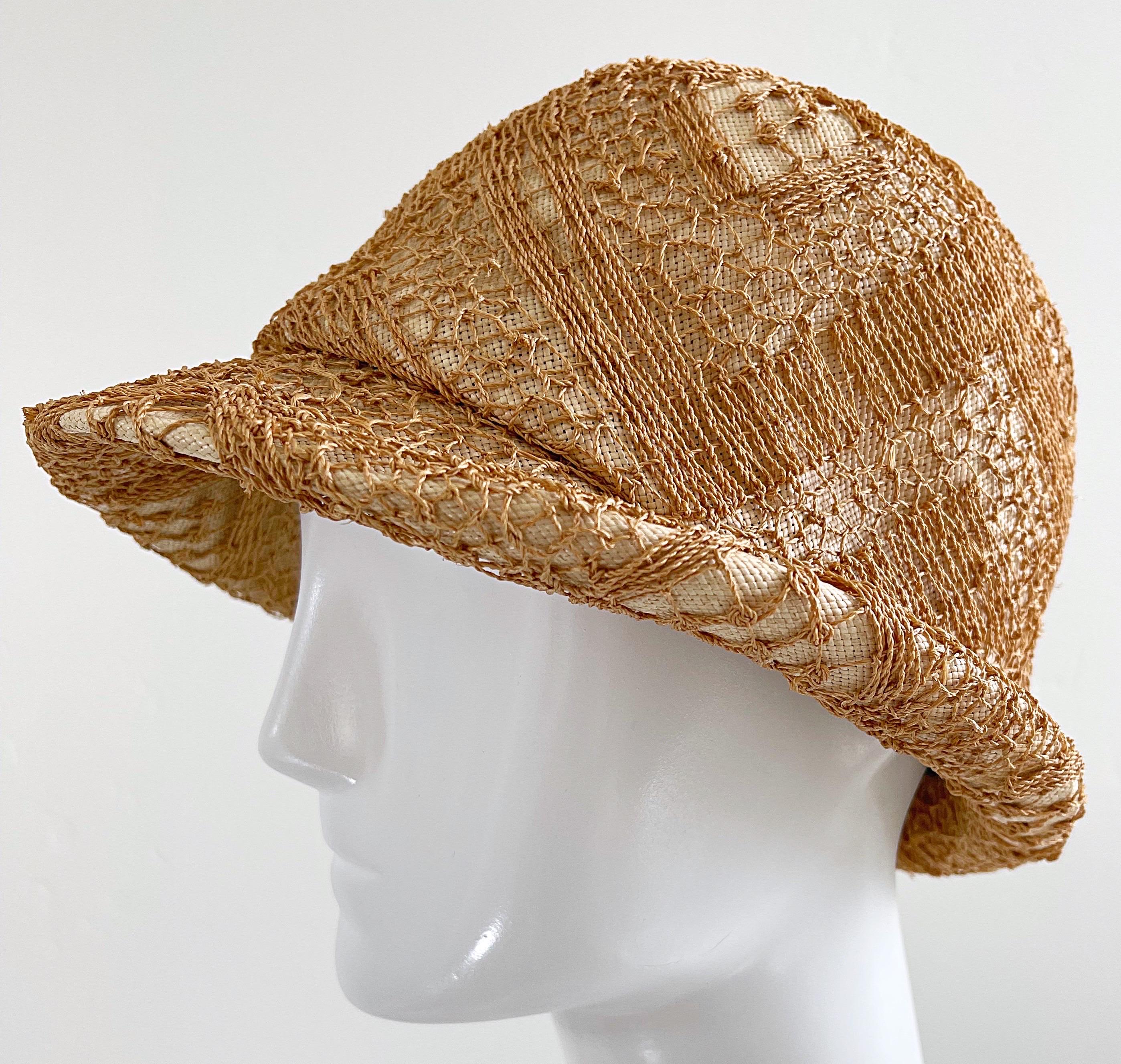 1960s Yves Saint Laurent YSL Tan Woven Raffia Vintage 60s Straw Cloche Hat  For Sale 3