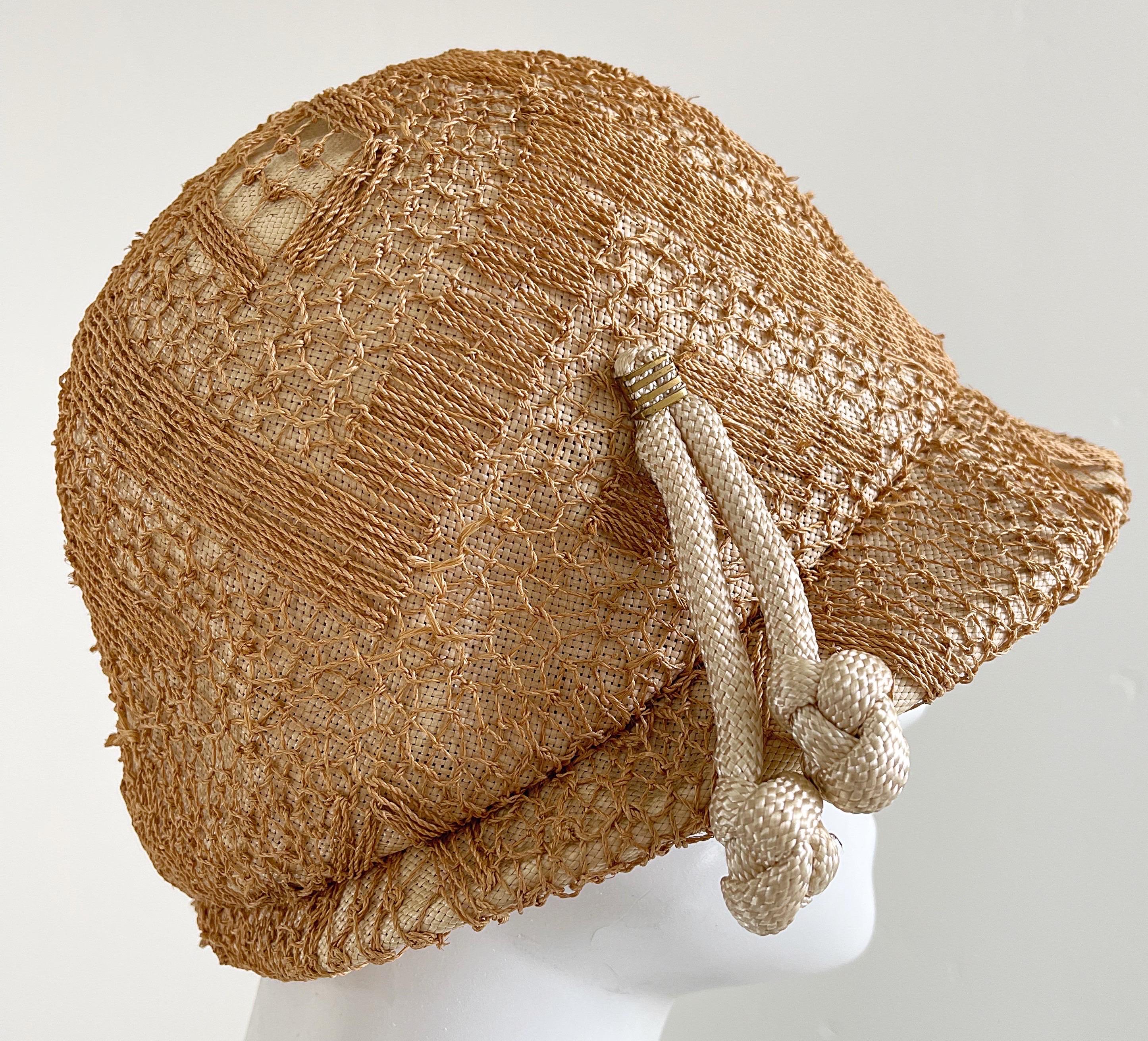 1960s Yves Saint Laurent YSL Tan Woven Raffia Vintage 60s Straw Cloche Hat  For Sale 5