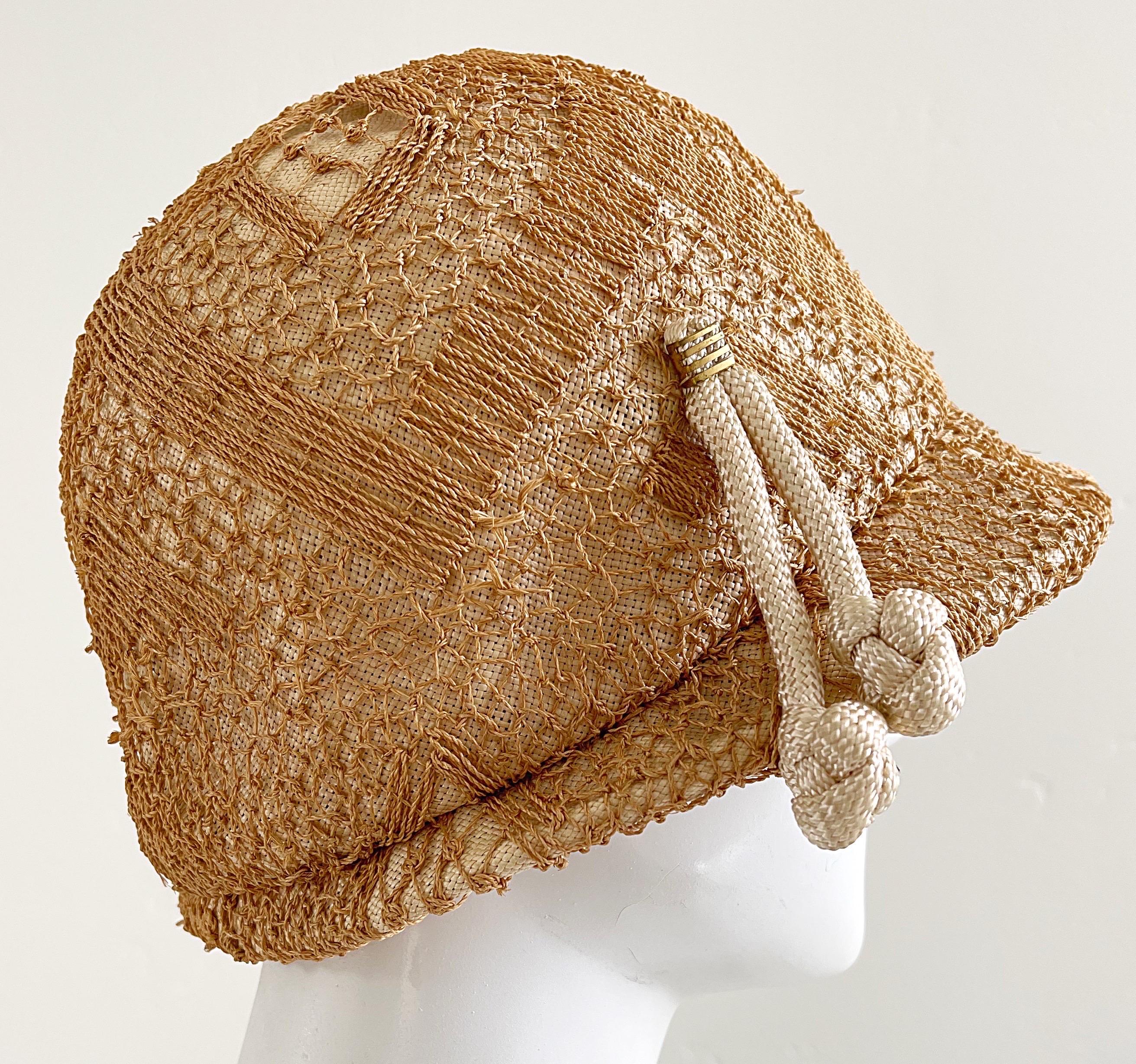 1960s Yves Saint Laurent YSL Tan Woven Raffia Vintage 60s Straw Cloche Hat  For Sale 6