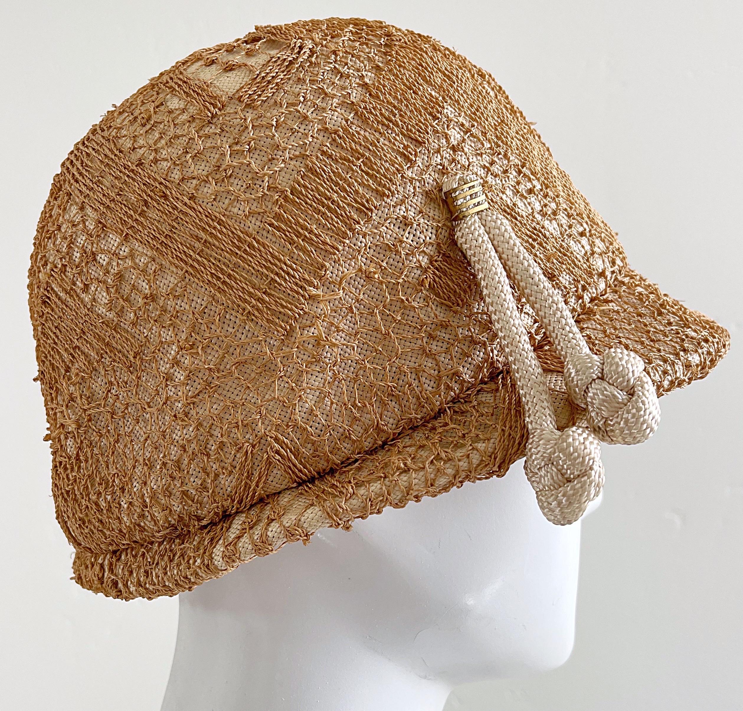 Brown 1960s Yves Saint Laurent YSL Tan Woven Raffia Vintage 60s Straw Cloche Hat  For Sale
