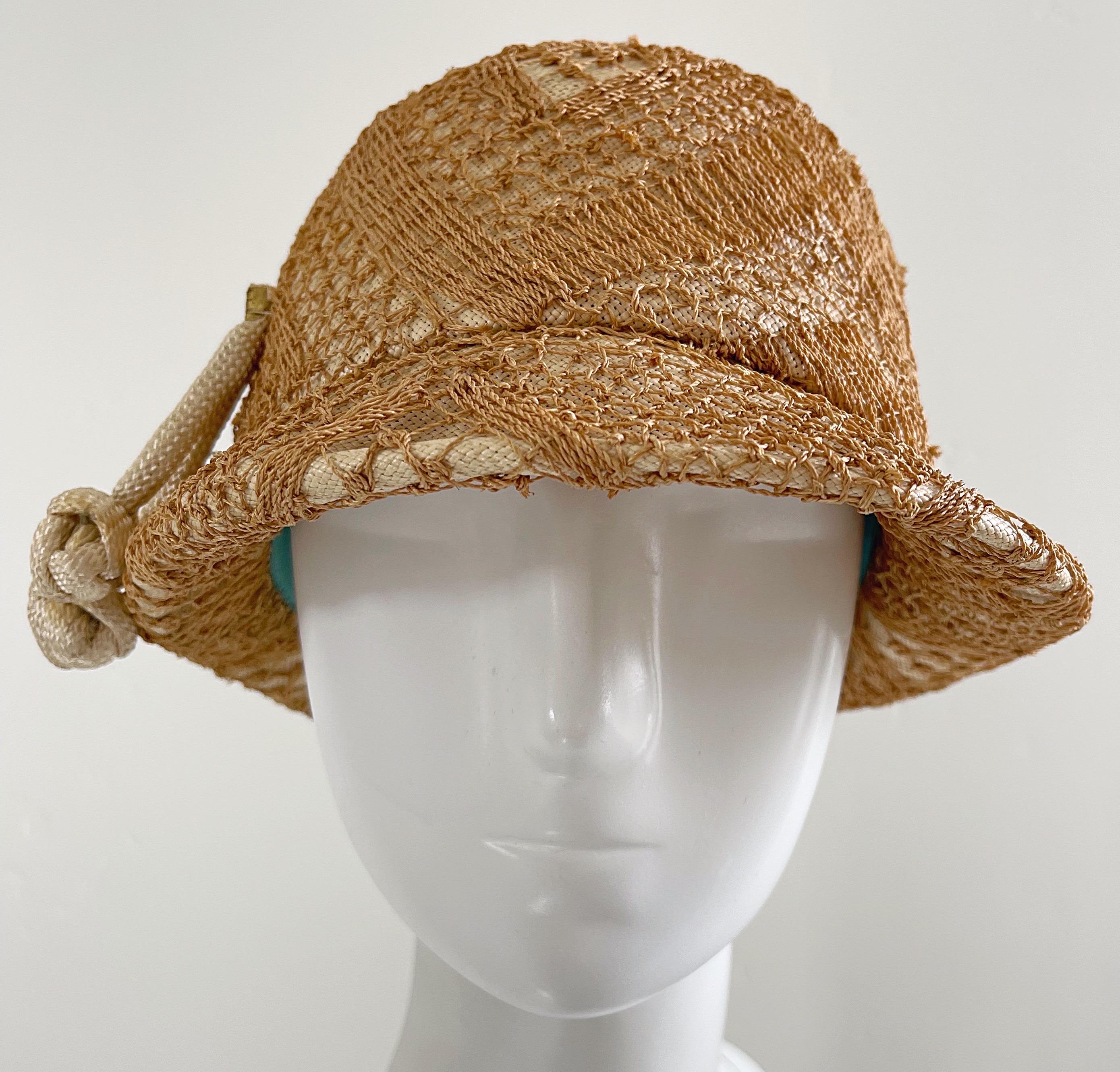1960s Yves Saint Laurent YSL Tan Woven Raffia Vintage 60s Straw Cloche Hat  In Excellent Condition For Sale In San Diego, CA