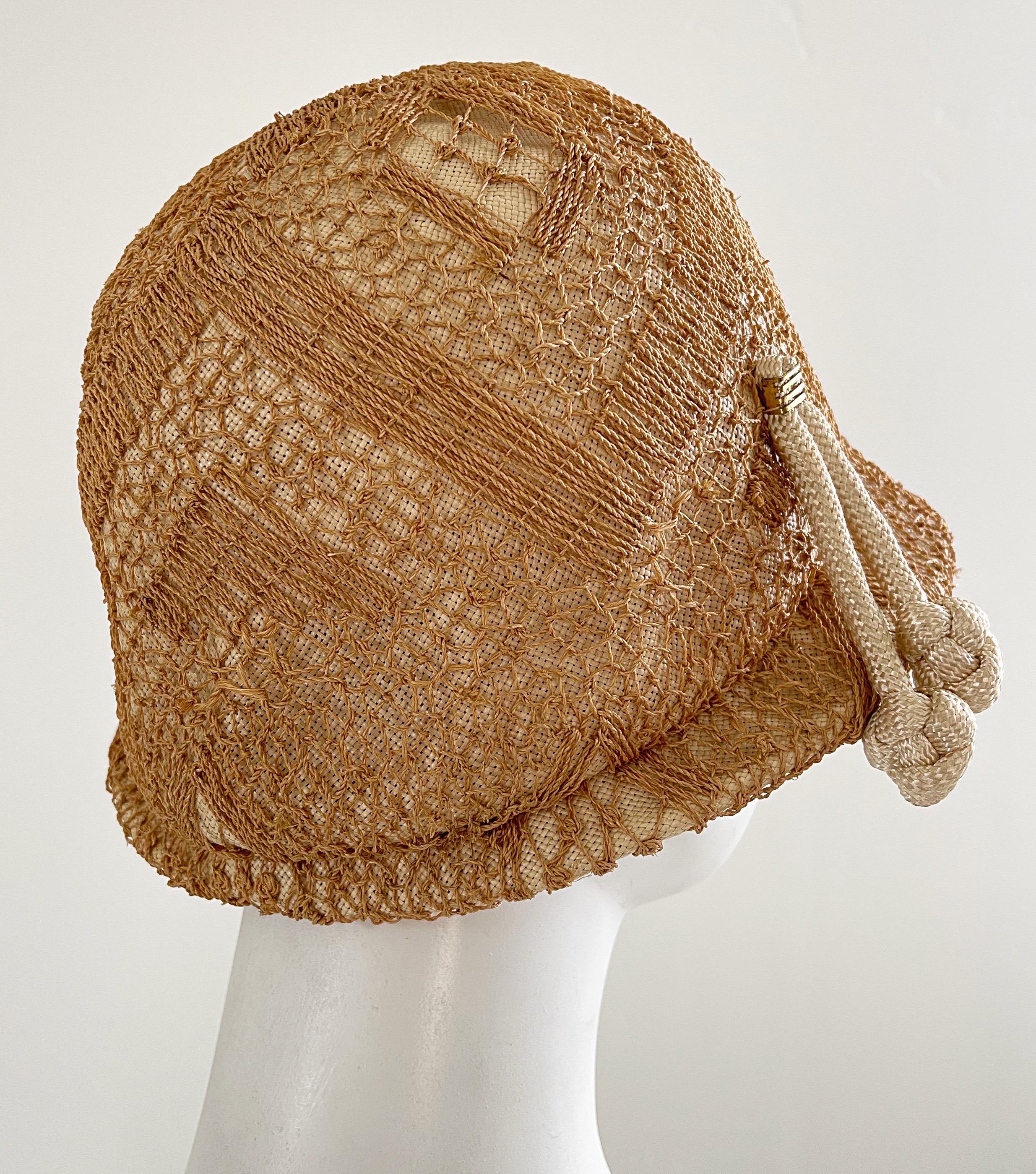 Women's 1960s Yves Saint Laurent YSL Tan Woven Raffia Vintage 60s Straw Cloche Hat  For Sale