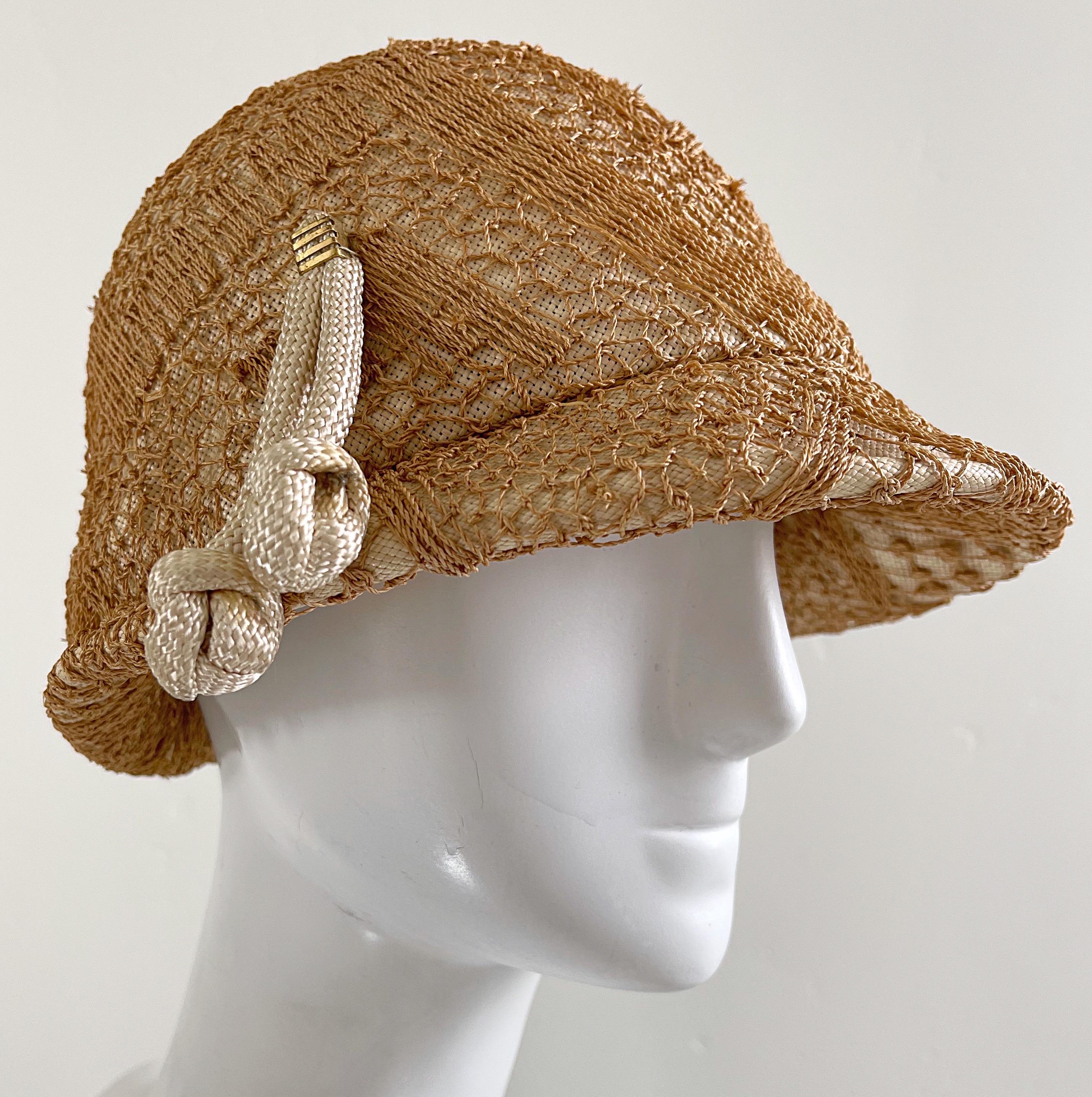 1960s Yves Saint Laurent YSL Tan Woven Raffia Vintage 60s Straw Cloche Hat  For Sale 1