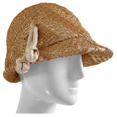 1960s Yves Saint Laurent YSL Tan Woven Raffia Vintage 60s Straw Cloche Hat