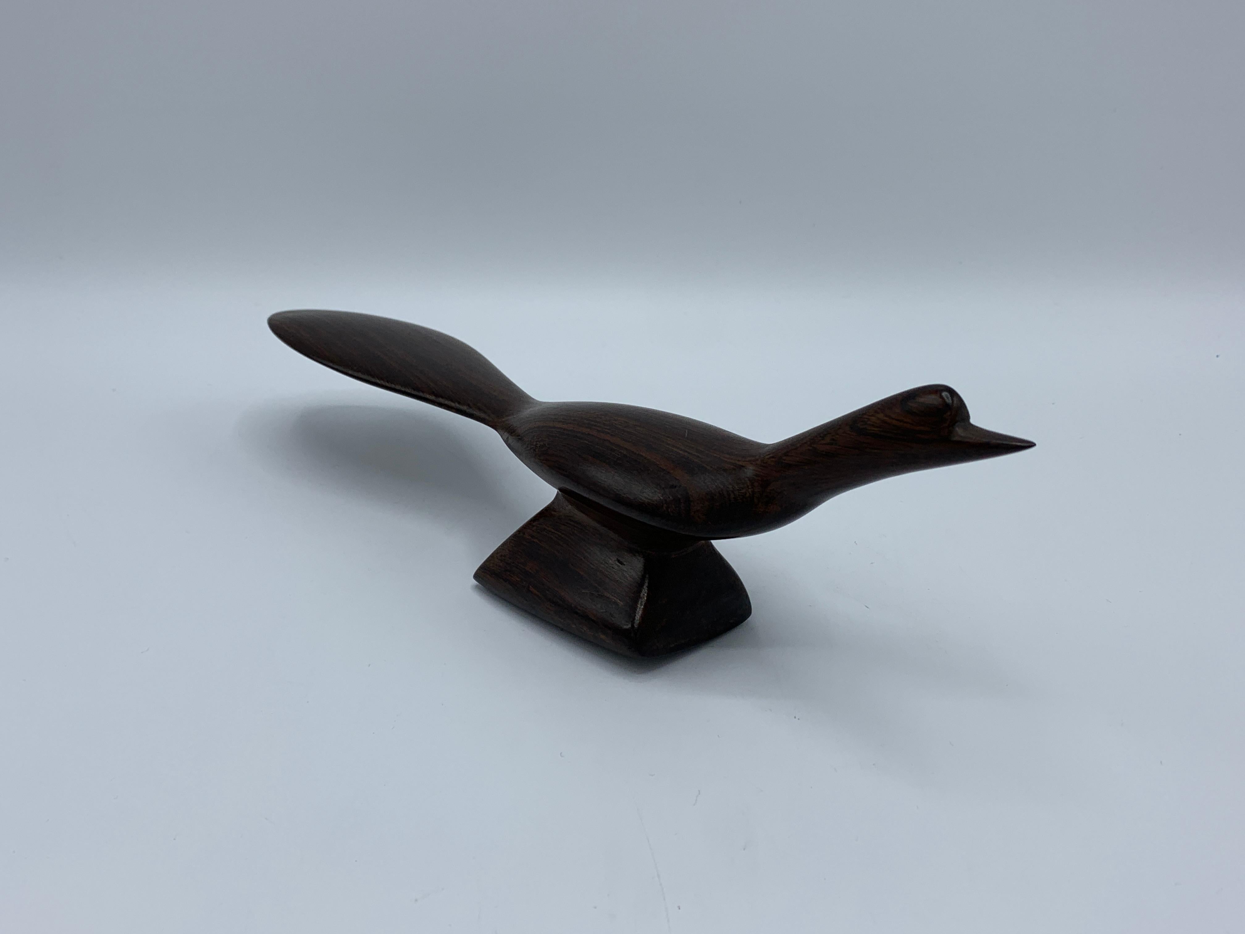 Hand-Carved 1960s Zebra Wood RoadRunner Bird Sculpture For Sale