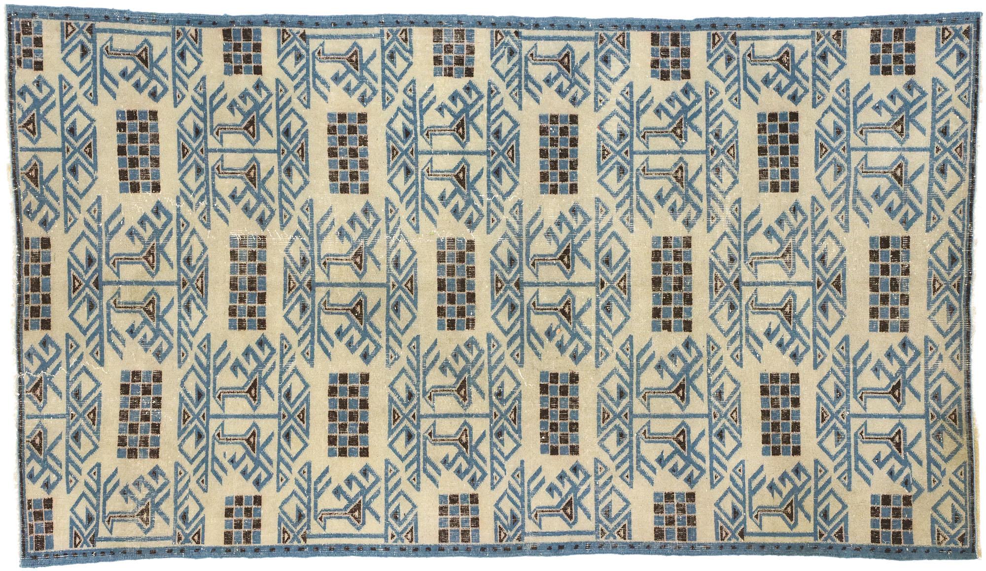 1960's Zeki Muren Distressed Turkish Sivas Rug with Art Deco Cubism Style For Sale 3