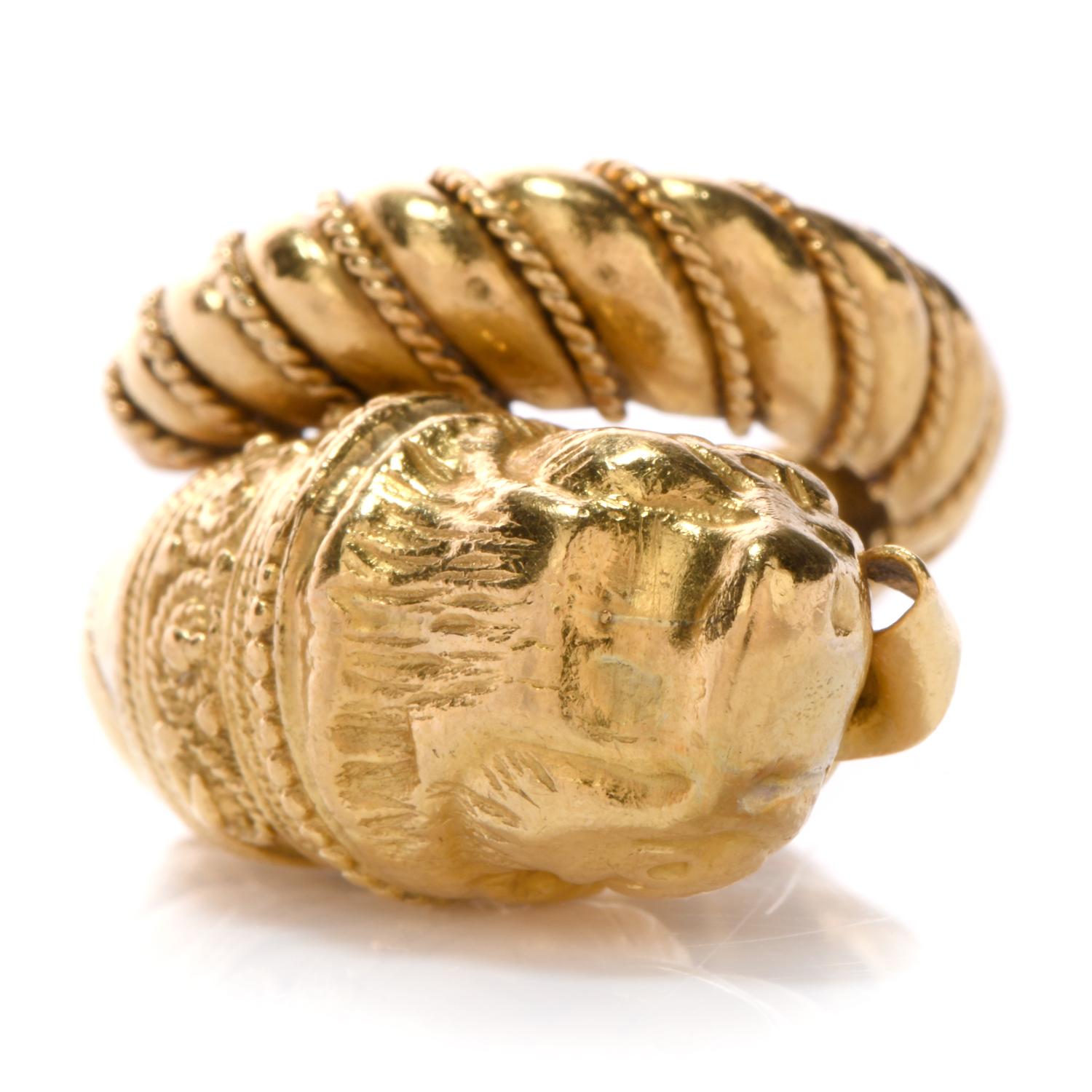 Women's or Men's 1960s Zolotas Greek 22 Karat Lion Head Gold Coktail Ring For Sale