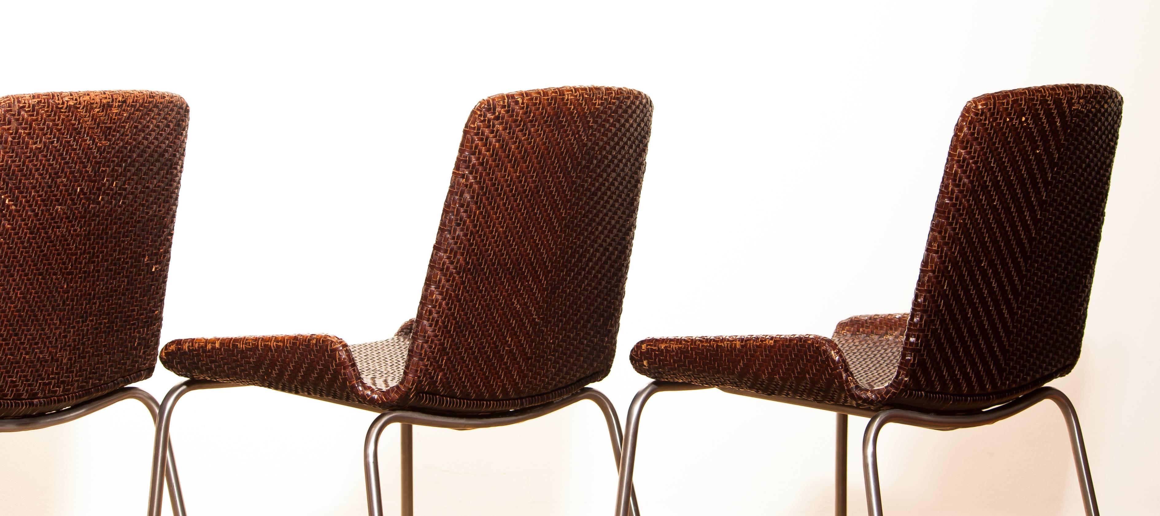1960s, a Set of Four Leather Braided Dining Chairs, Italy 4