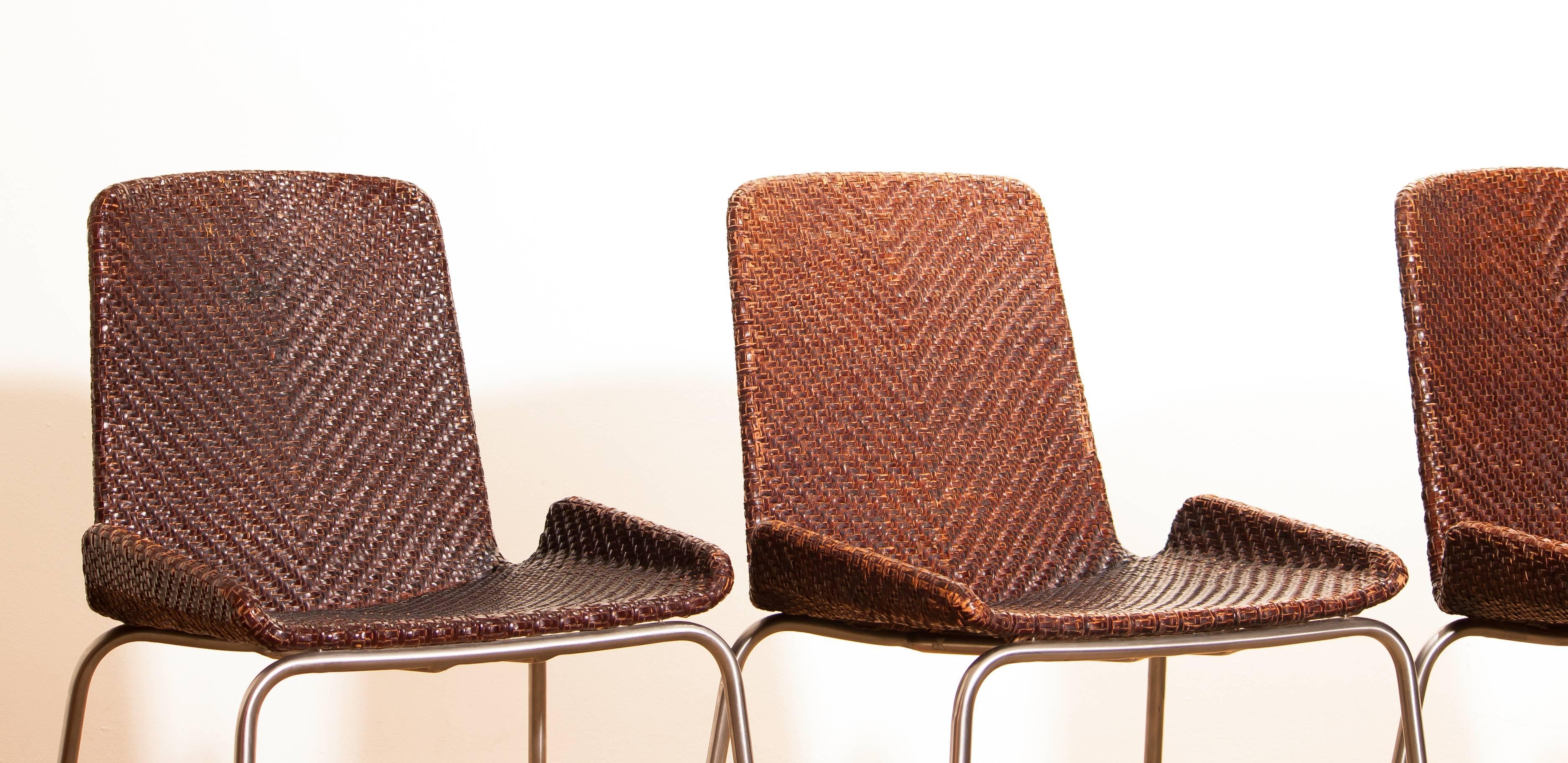 1960s, a Set of Four Leather Braided Dining Chairs, Italy 9