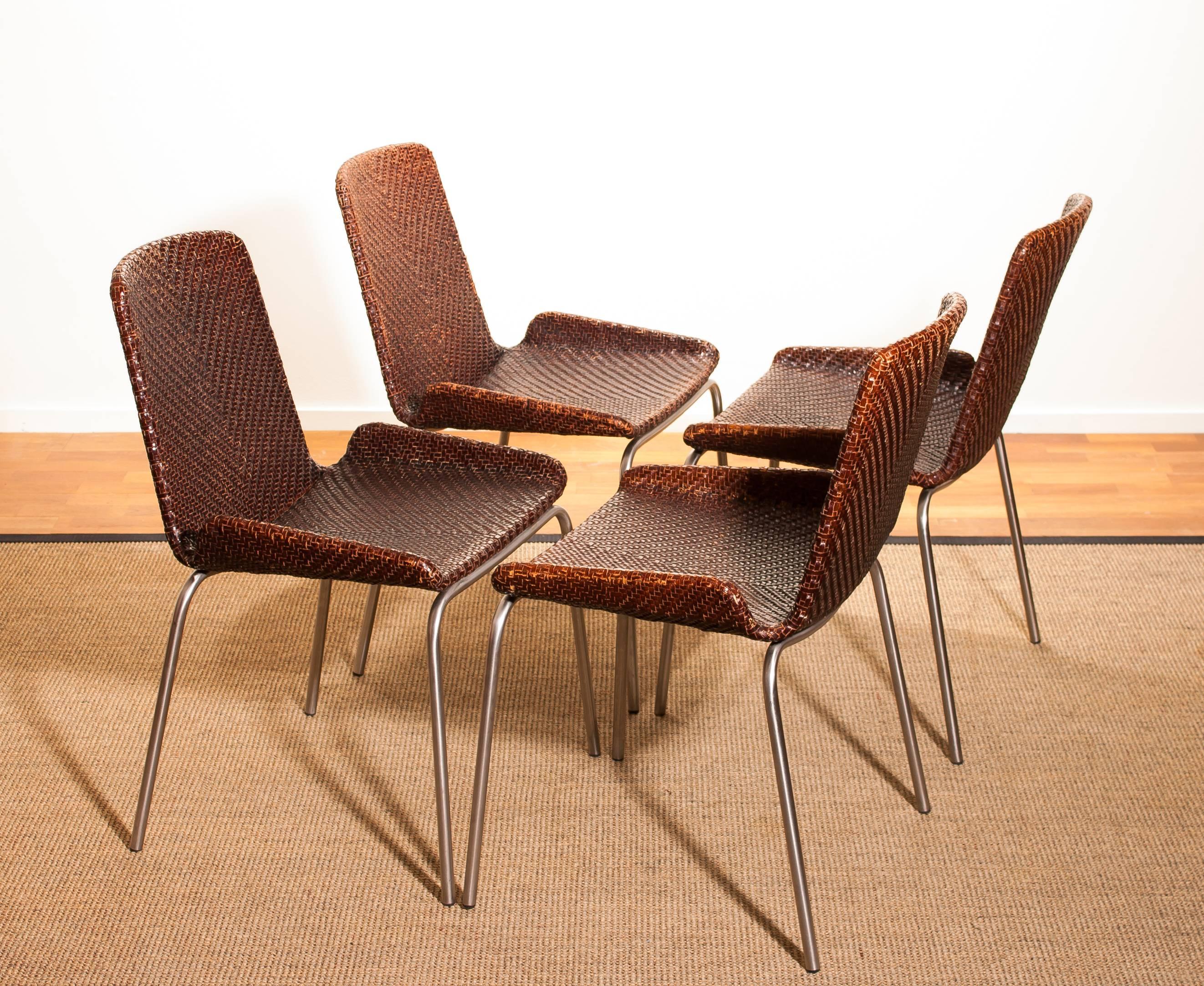 Italian 1960s, a Set of Four Leather Braided Dining Chairs, Italy