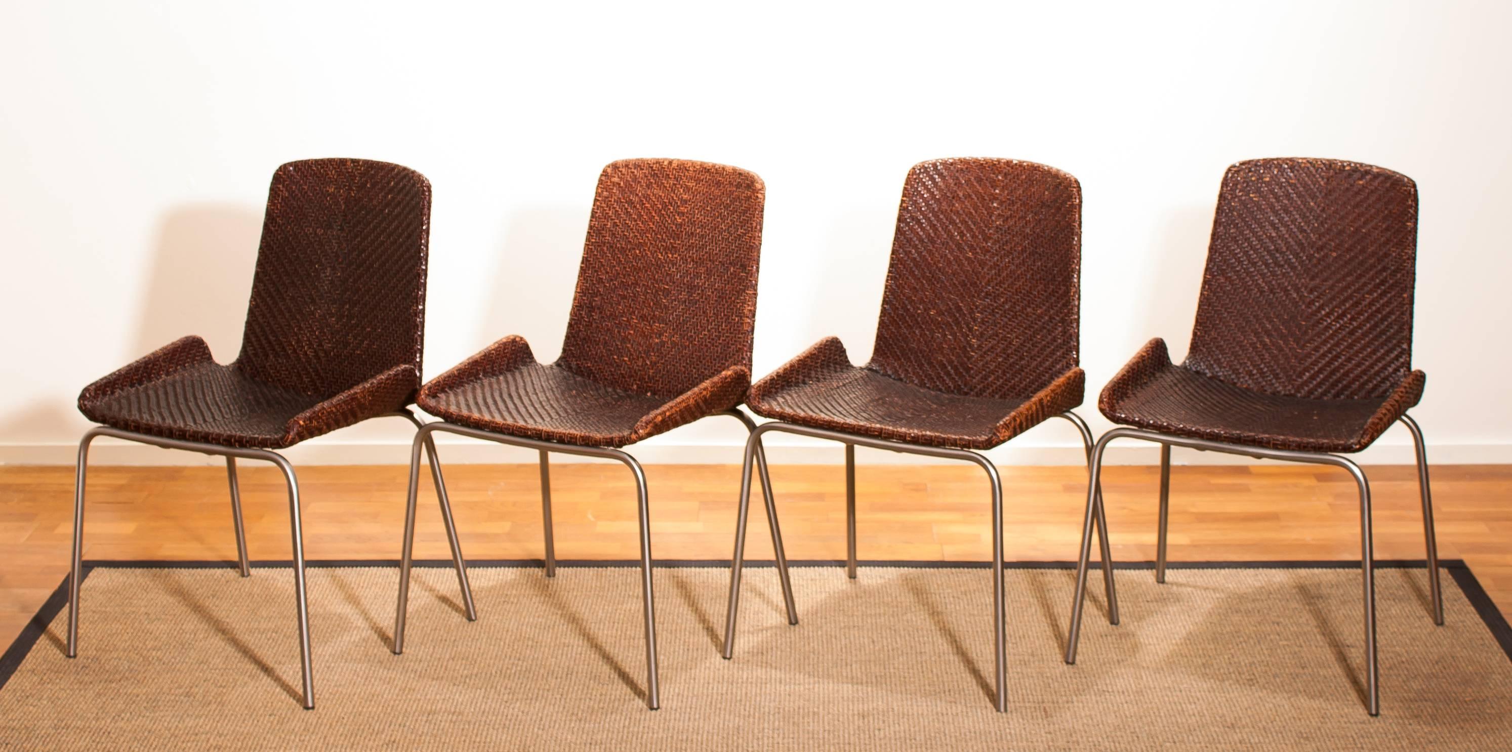 Mid-20th Century 1960s, a Set of Four Leather Braided Dining Chairs, Italy
