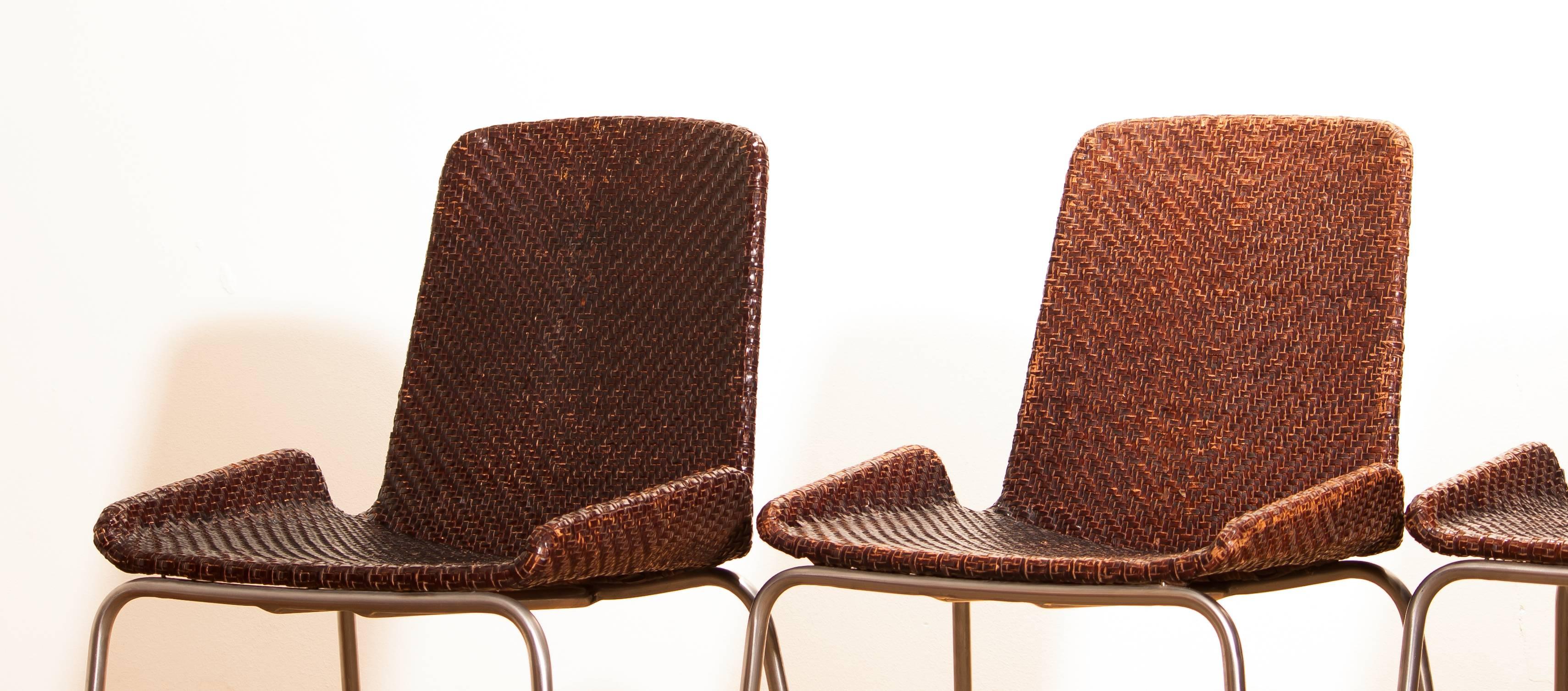 Steel 1960s, a Set of Four Leather Braided Dining Chairs, Italy
