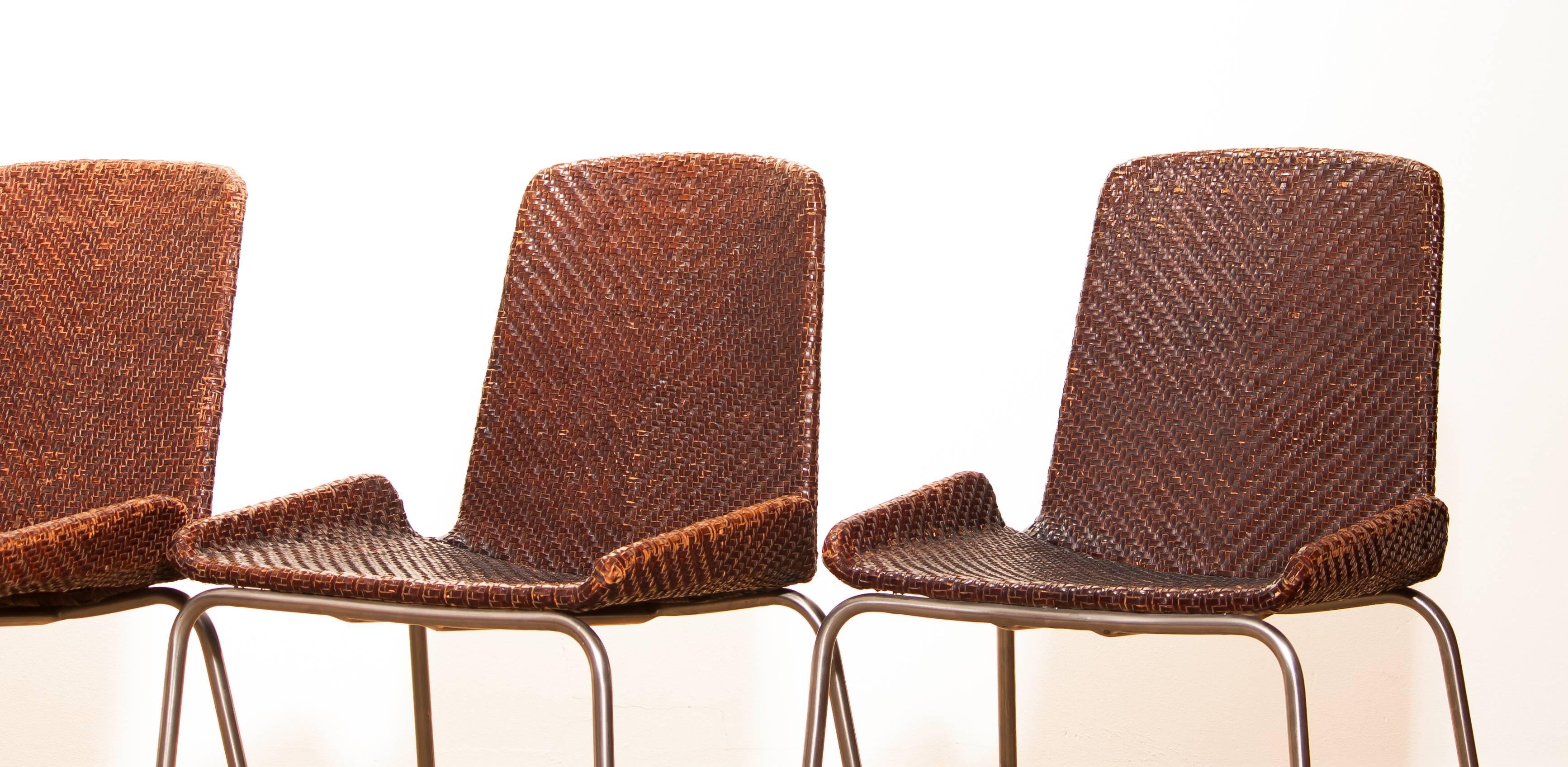 1960s, a Set of Four Leather Braided Dining Chairs, Italy 1