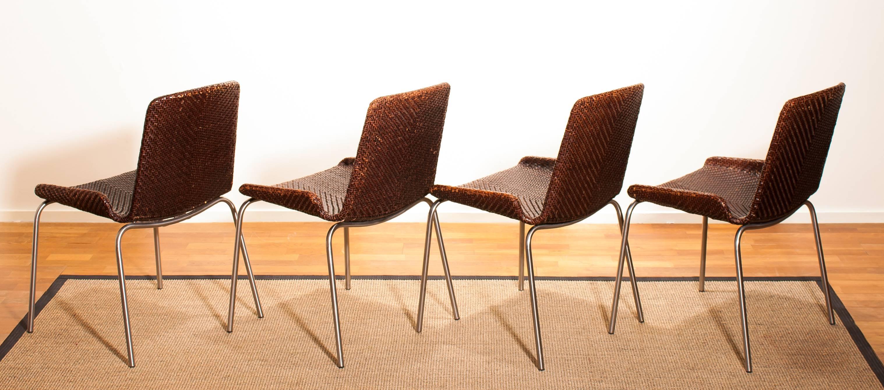 1960s, a Set of Four Leather Braided Dining Chairs, Italy 2