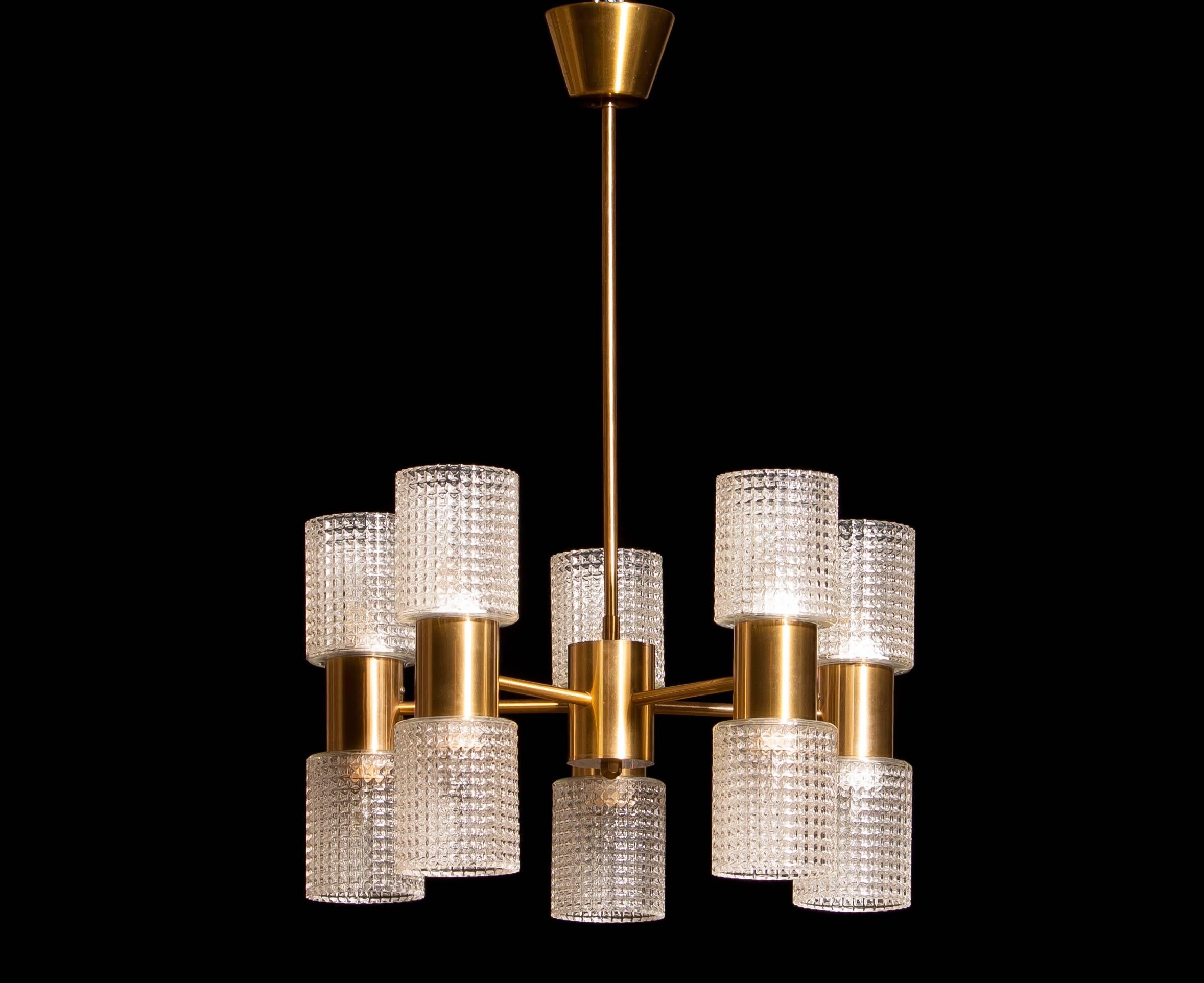 Mid-20th Century 1960s, Brass and Glass Chandelier by Carl Fagerlund for Orrefors