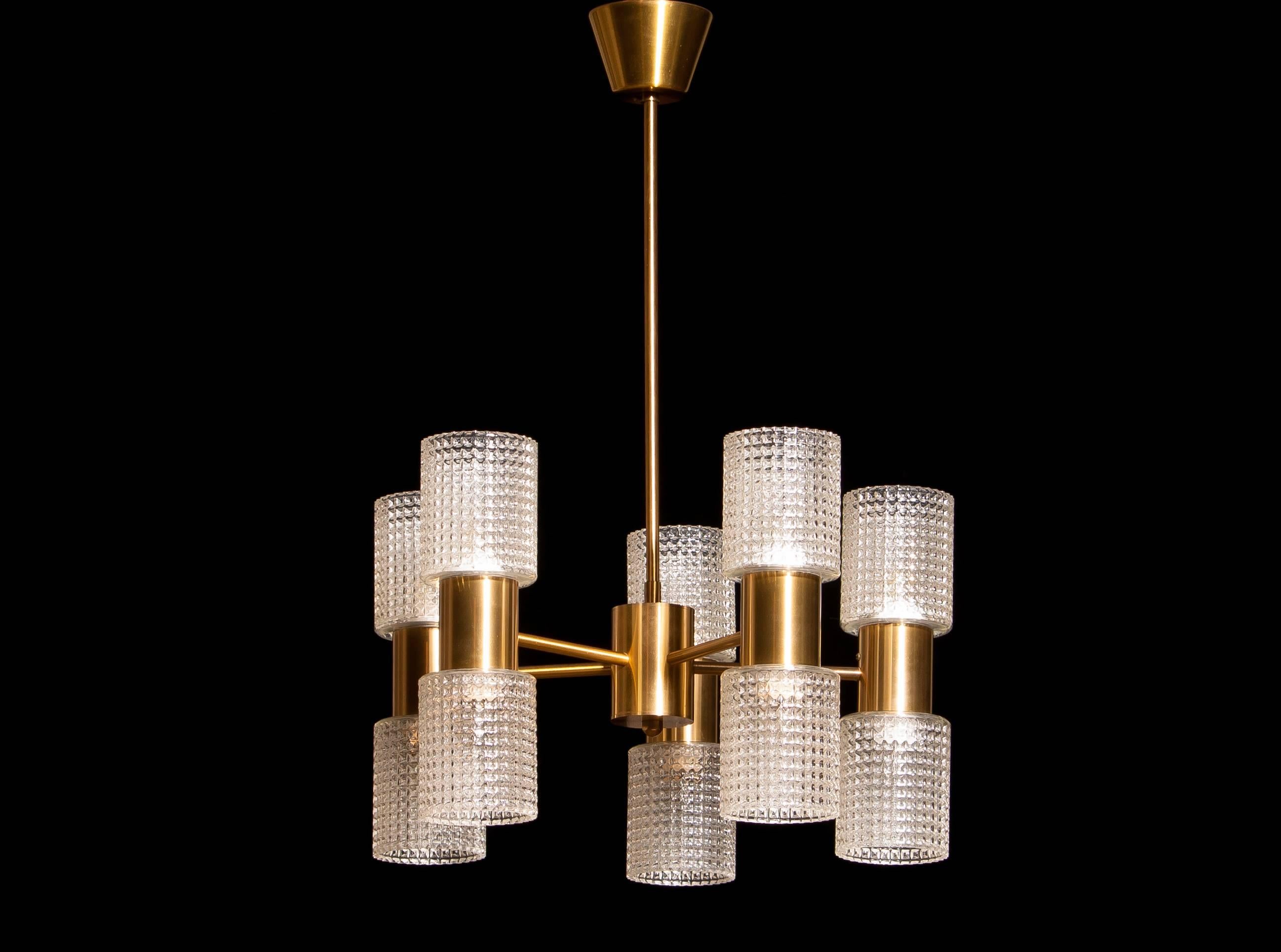 1960s, Brass and Glass Chandelier by Carl Fagerlund for Orrefors 1