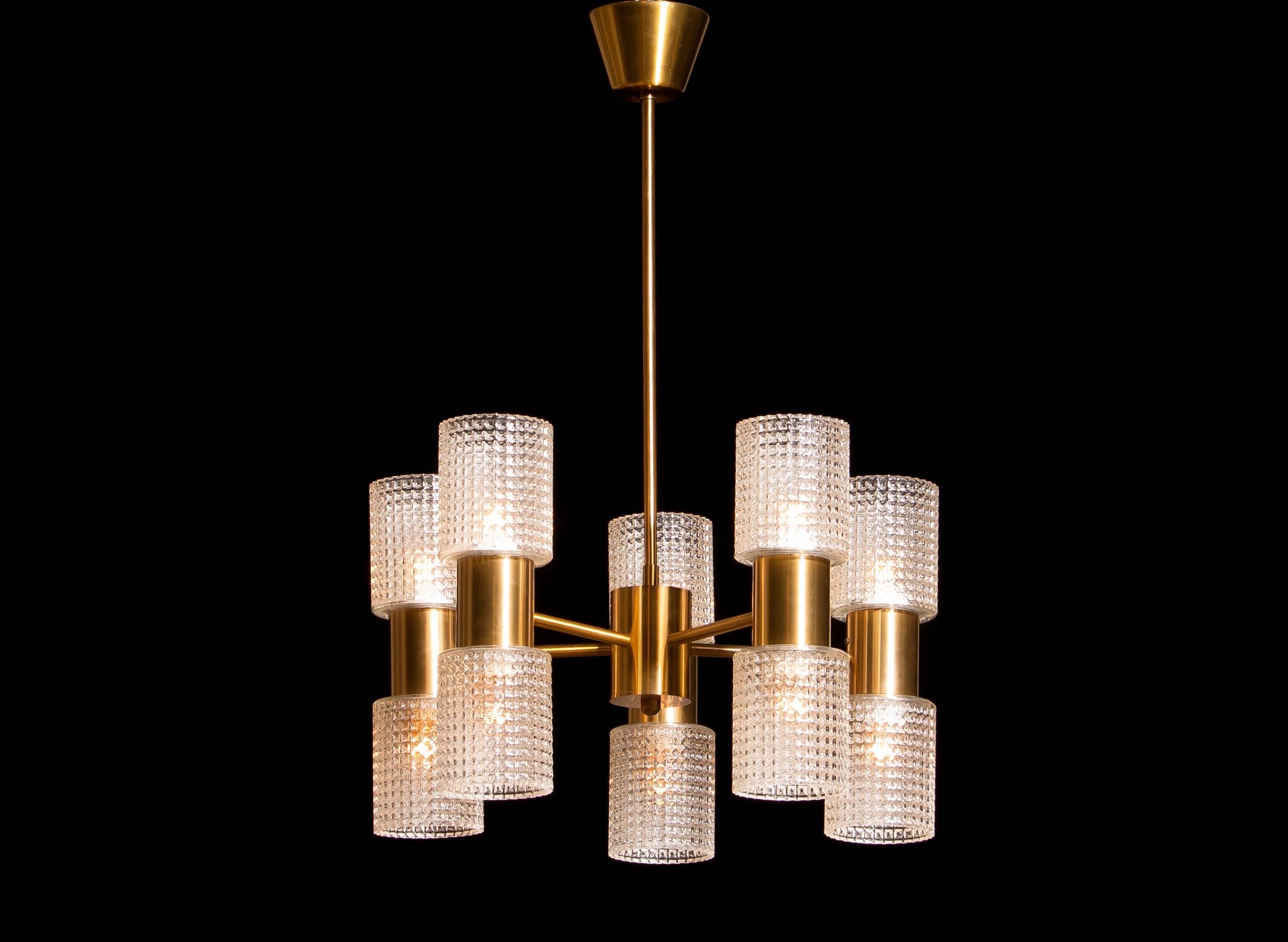 1960s, Brass and Glass Chandelier by Carl Fagerlund for Orrefors 2